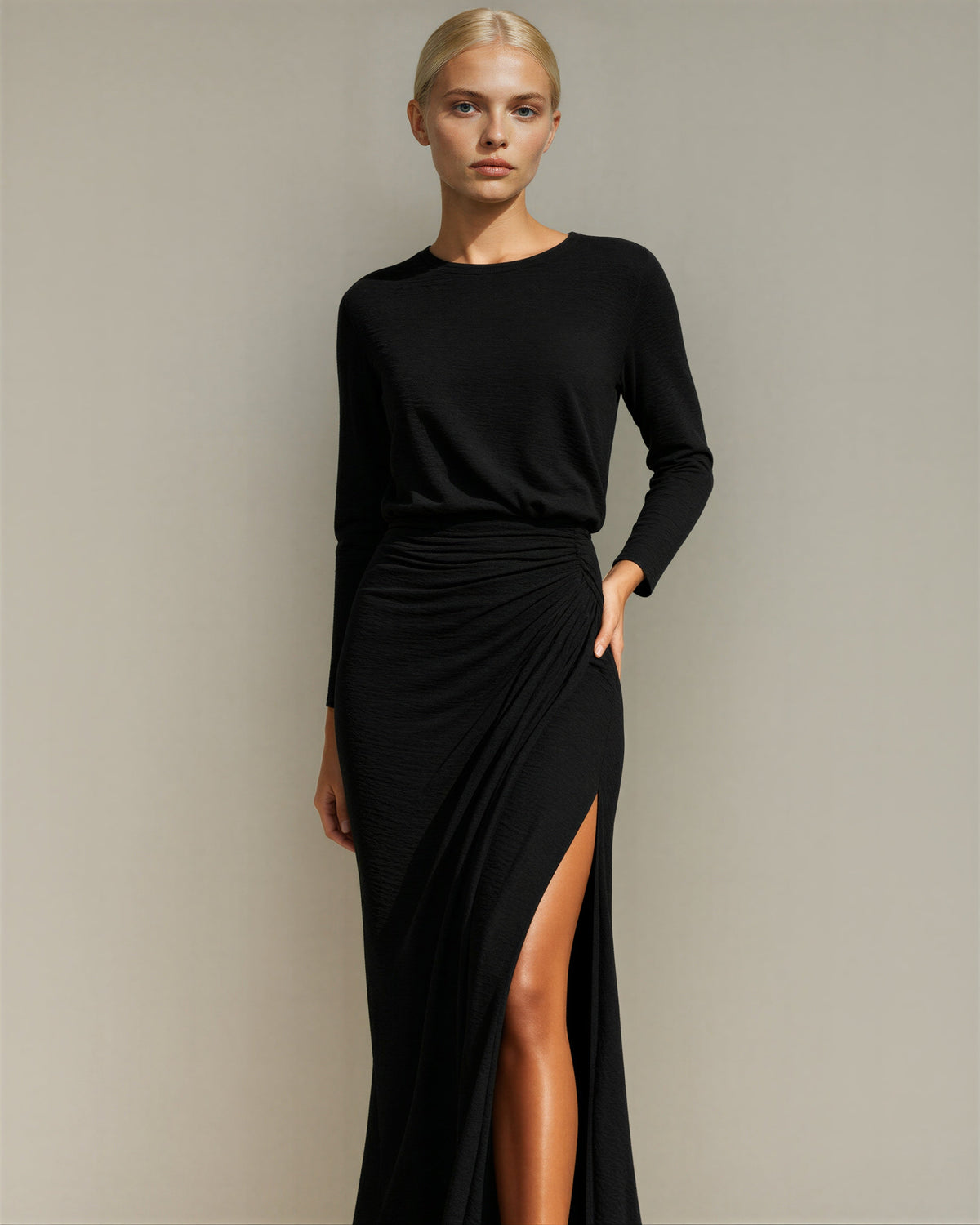 Morena Draped Slit Long Sleeve Maxi Dress, black, front, hands on the waist