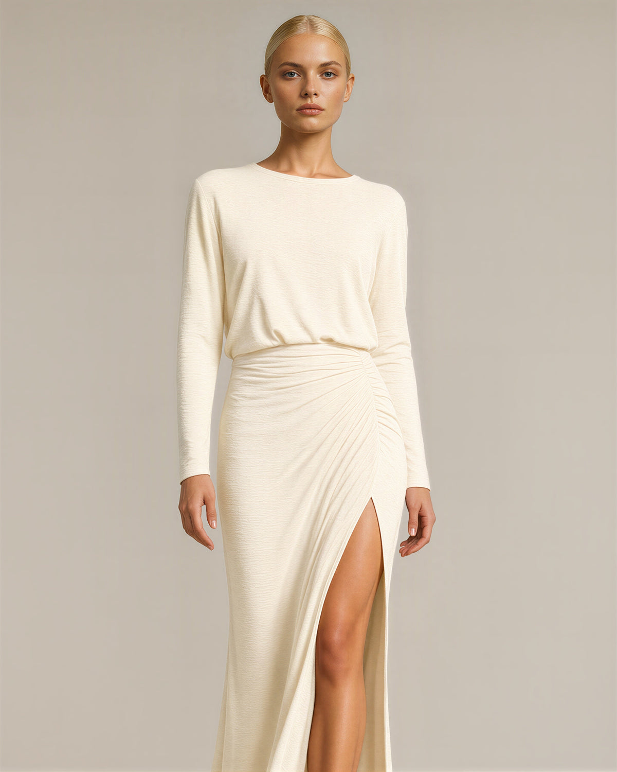 Morena Draped Slit Long Sleeve Maxi Dress, cream color option