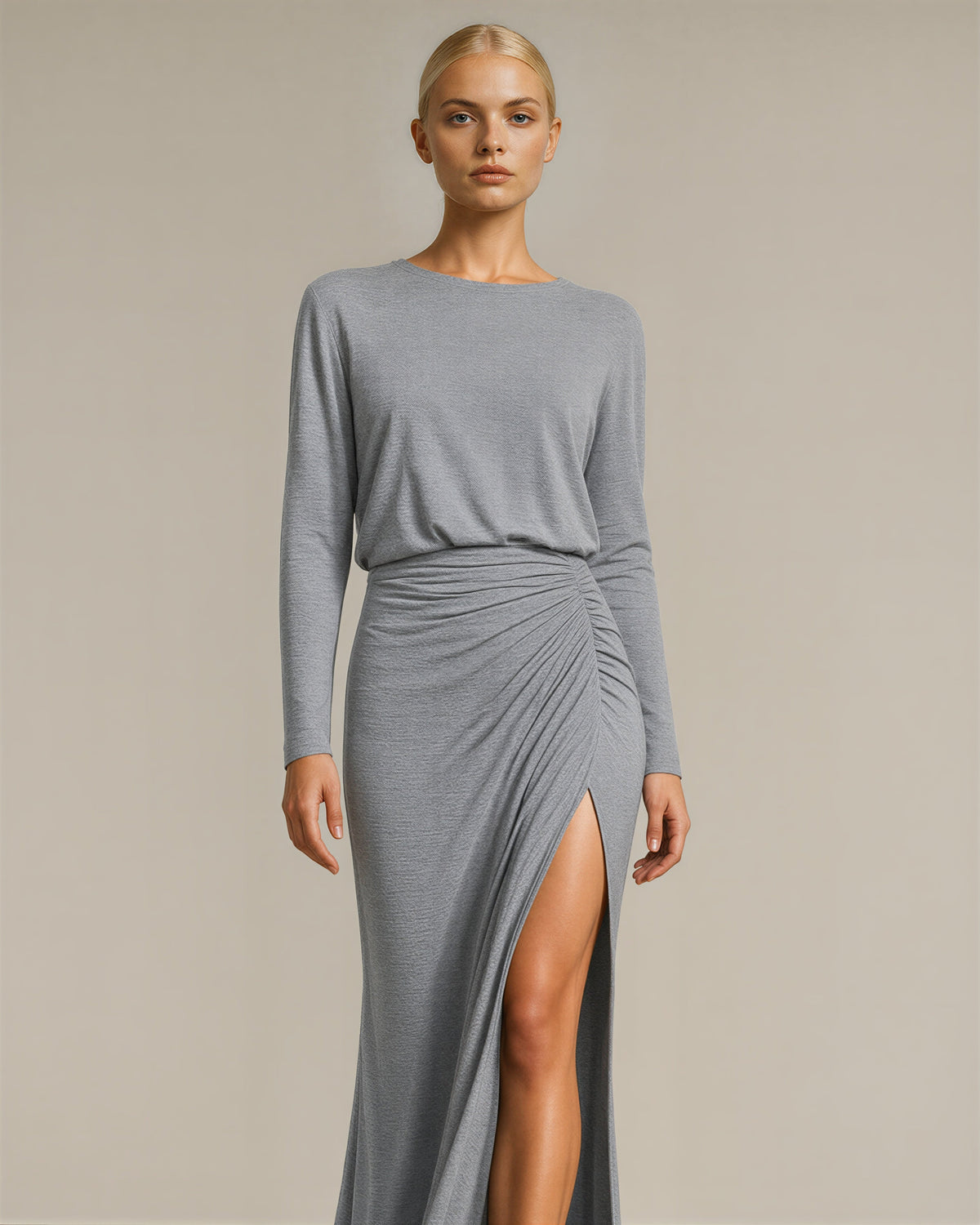Morena Draped Slit Long Sleeve Maxi Dress, grey color option