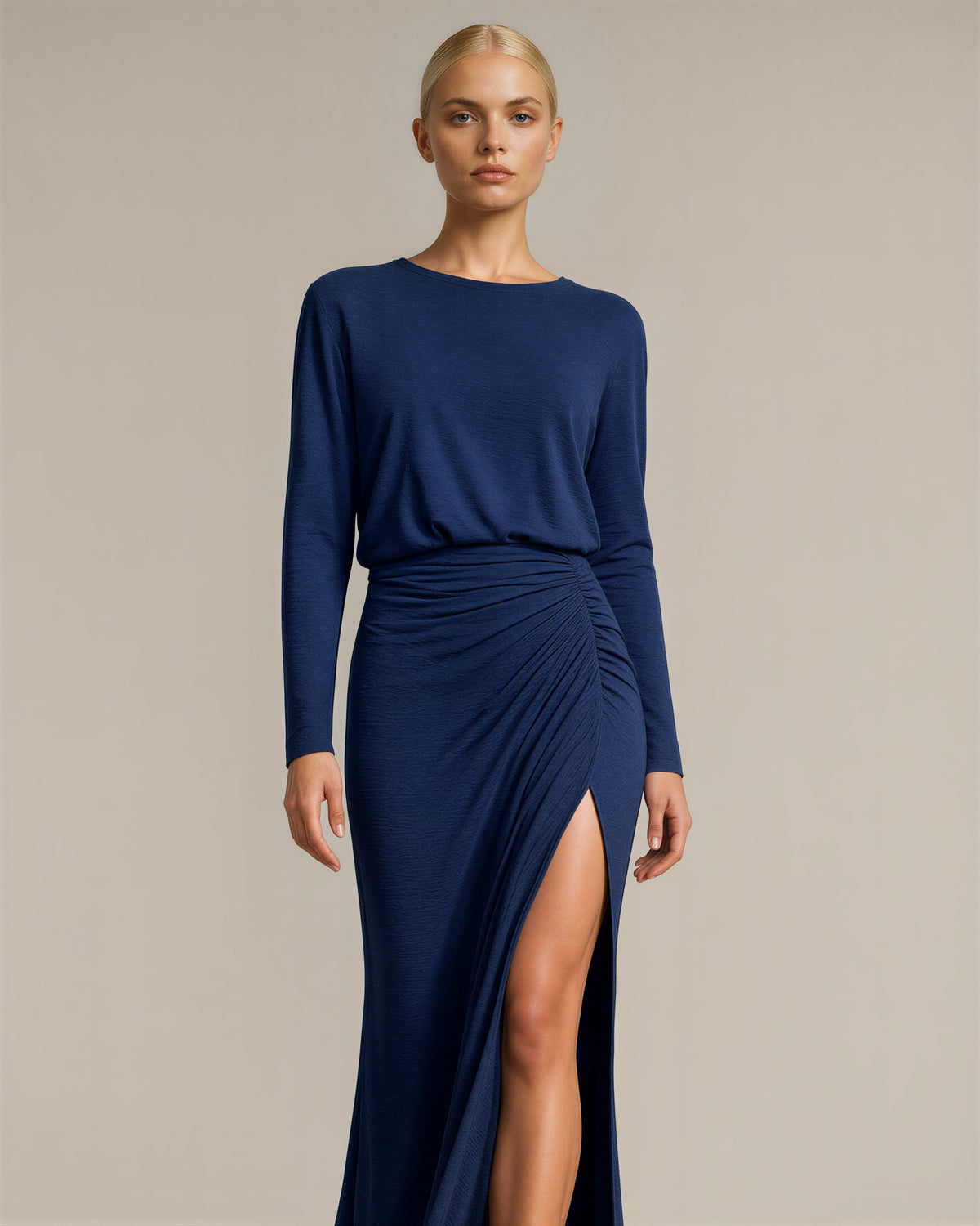 Morena Draped Slit Long Sleeve Maxi Dress, navy color option