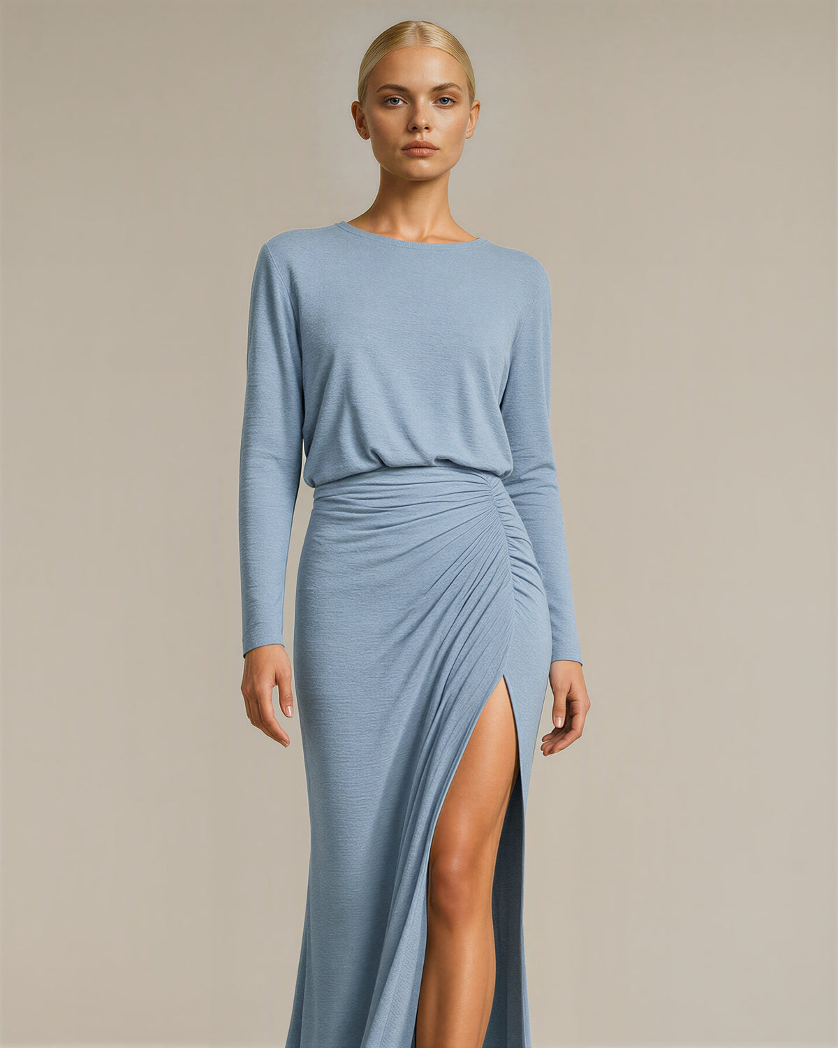 Morena Draped Slit Long Sleeve Maxi Dress, ice blue color option