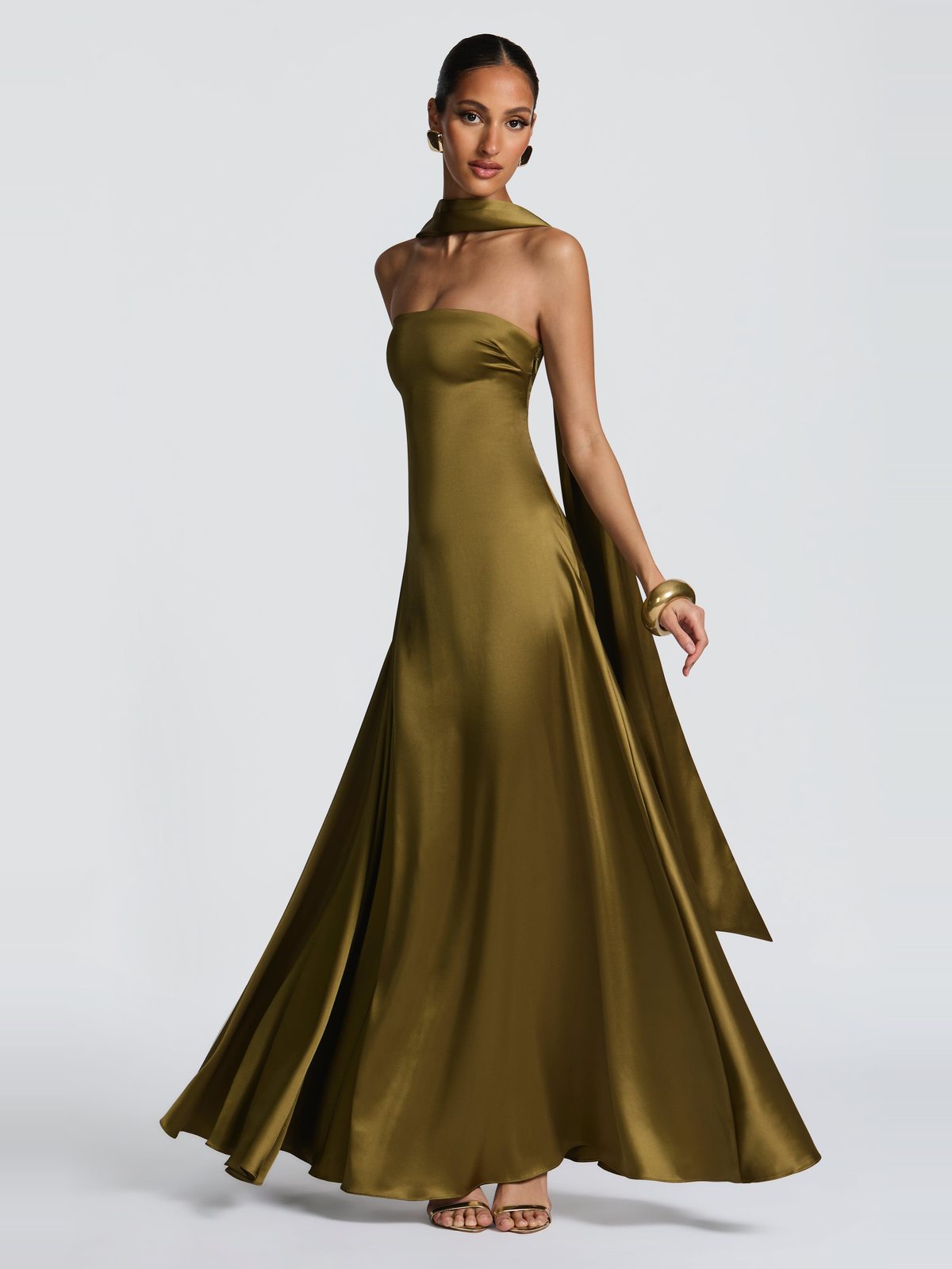 Morven Satin Maxi Dress in Olive — Svelte Chic