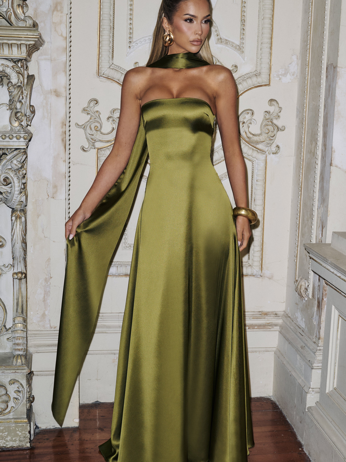 Morven Satin Maxi Dress in Olive — Svelte Chic