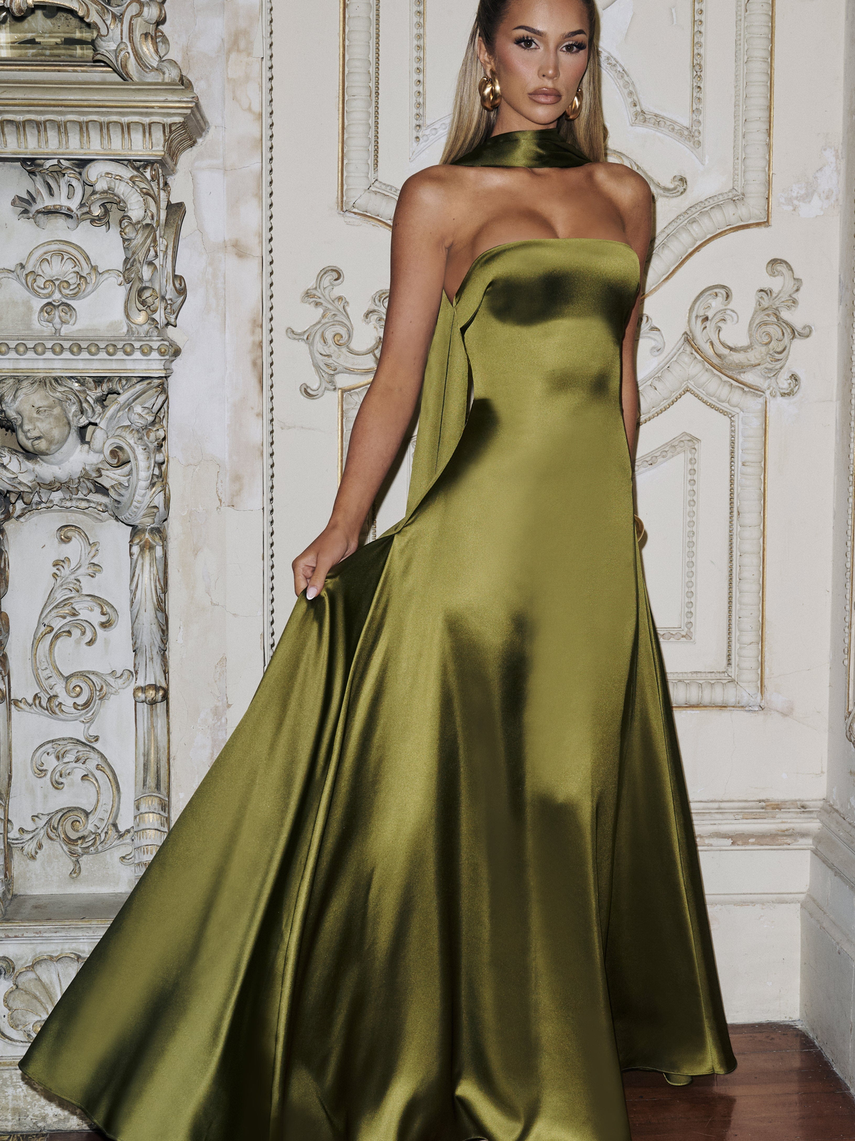 Morven Satin Maxi Dress in Olive — Svelte Chic