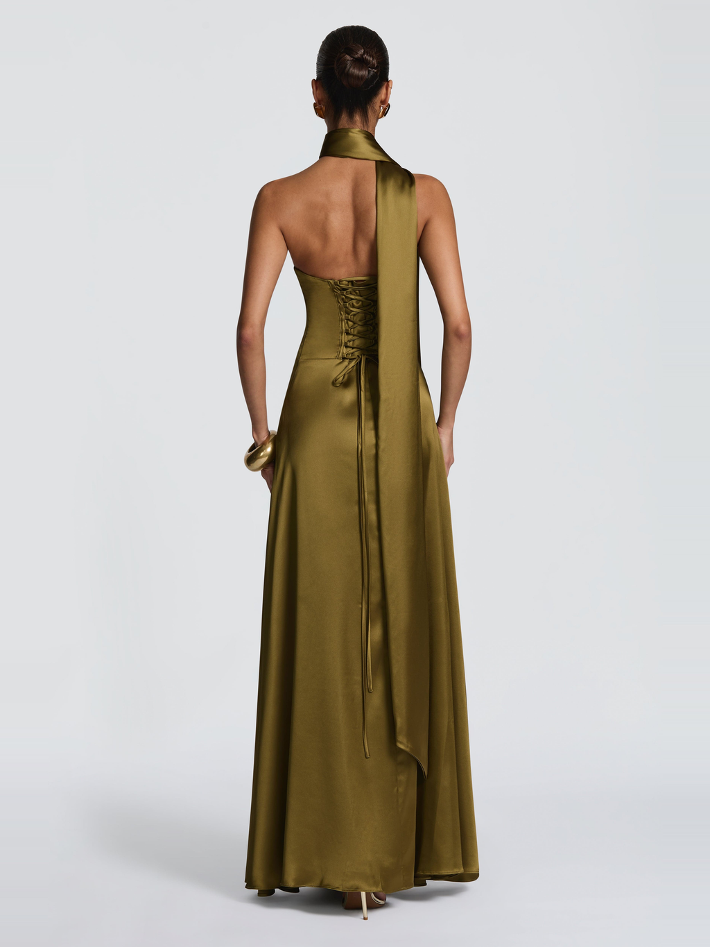Morven Satin Maxi Dress in Olive — Svelte Chic