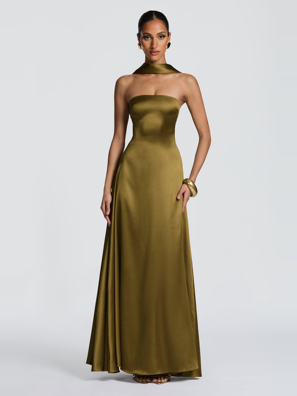 Morven Satin Maxi Dress in Olive — Svelte Chic