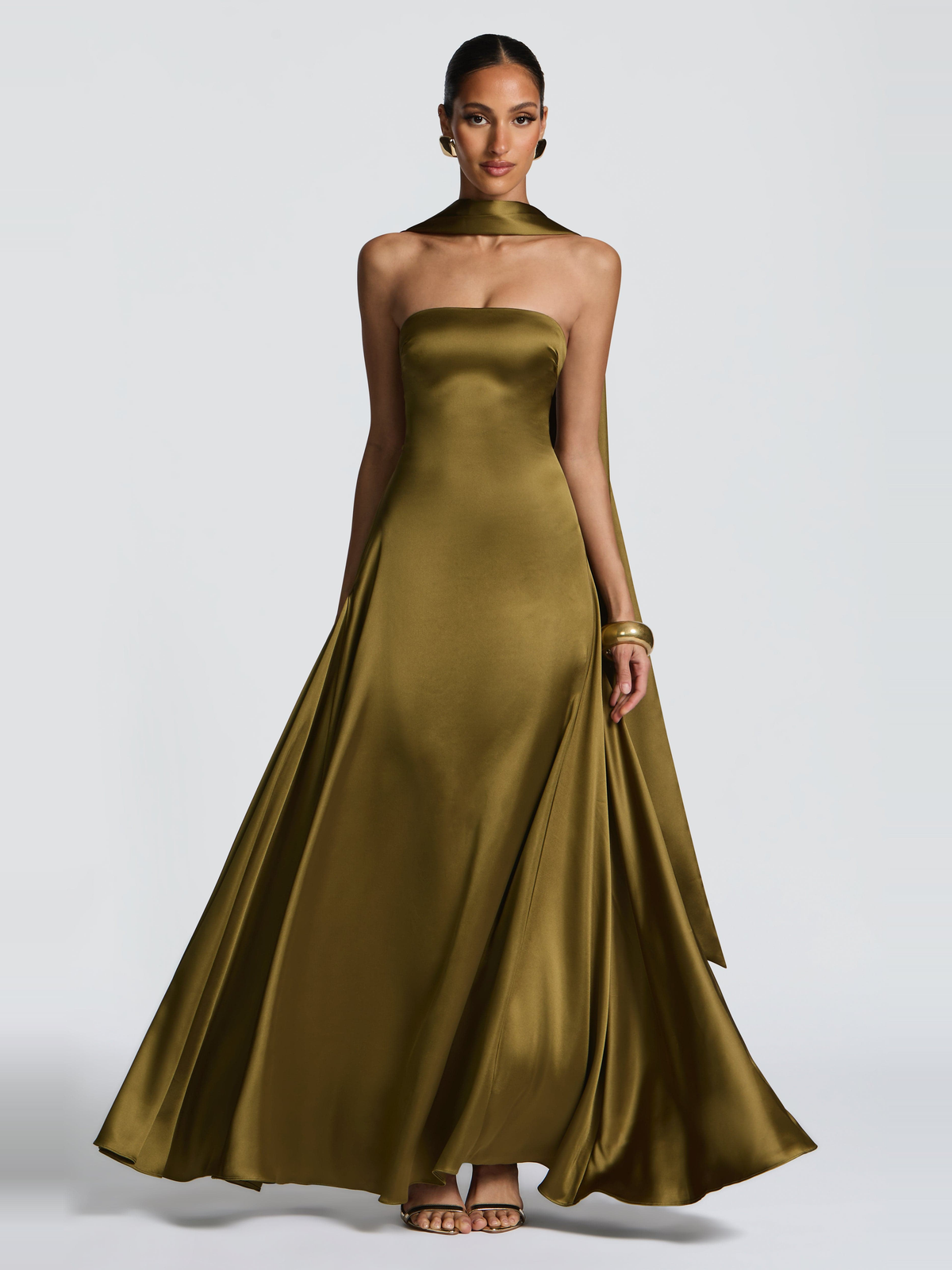 Morven Satin Maxi Dress in Olive — Svelte Chic