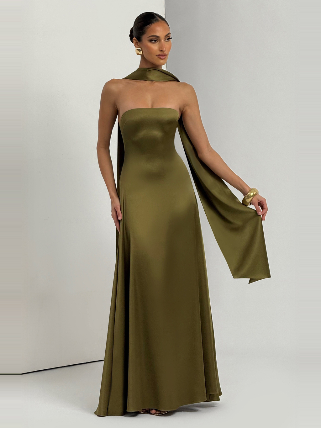 Morven Satin Maxi Dress in Olive — Svelte Chic