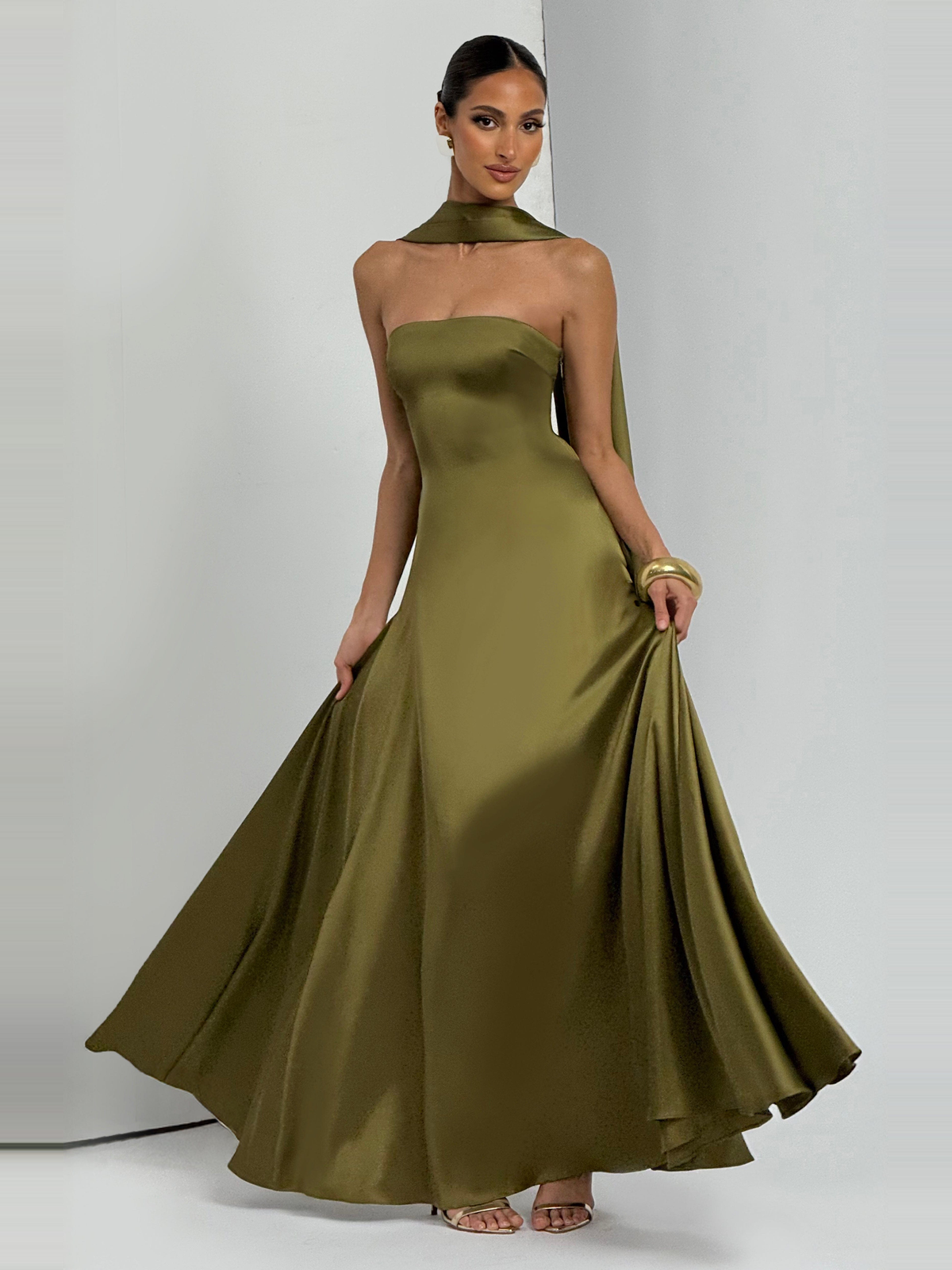 Morven Satin Maxi Dress in Olive — Svelte Chic