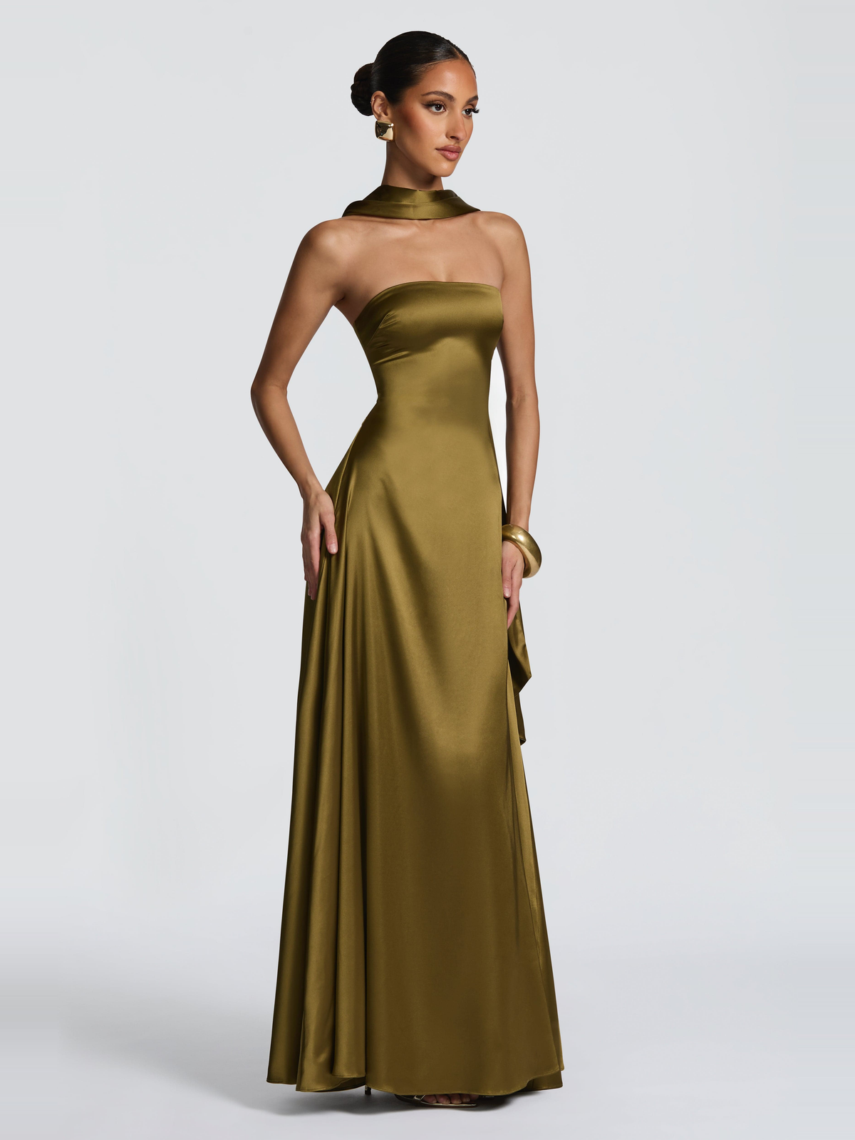Morven Satin Maxi Dress in Olive — Svelte Chic