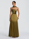 Morven Satin Maxi Dress in Olive — Svelte Chic