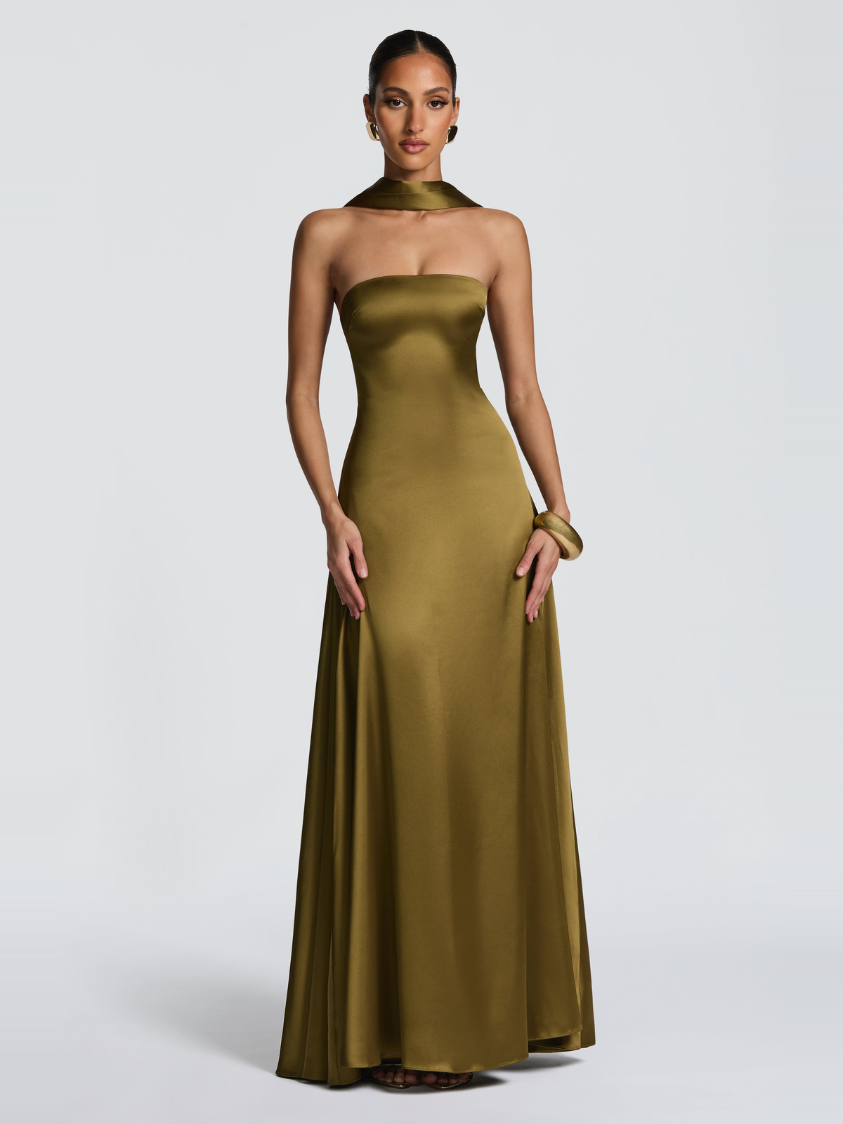 Morven Satin Maxi Dress in Olive — Svelte Chic