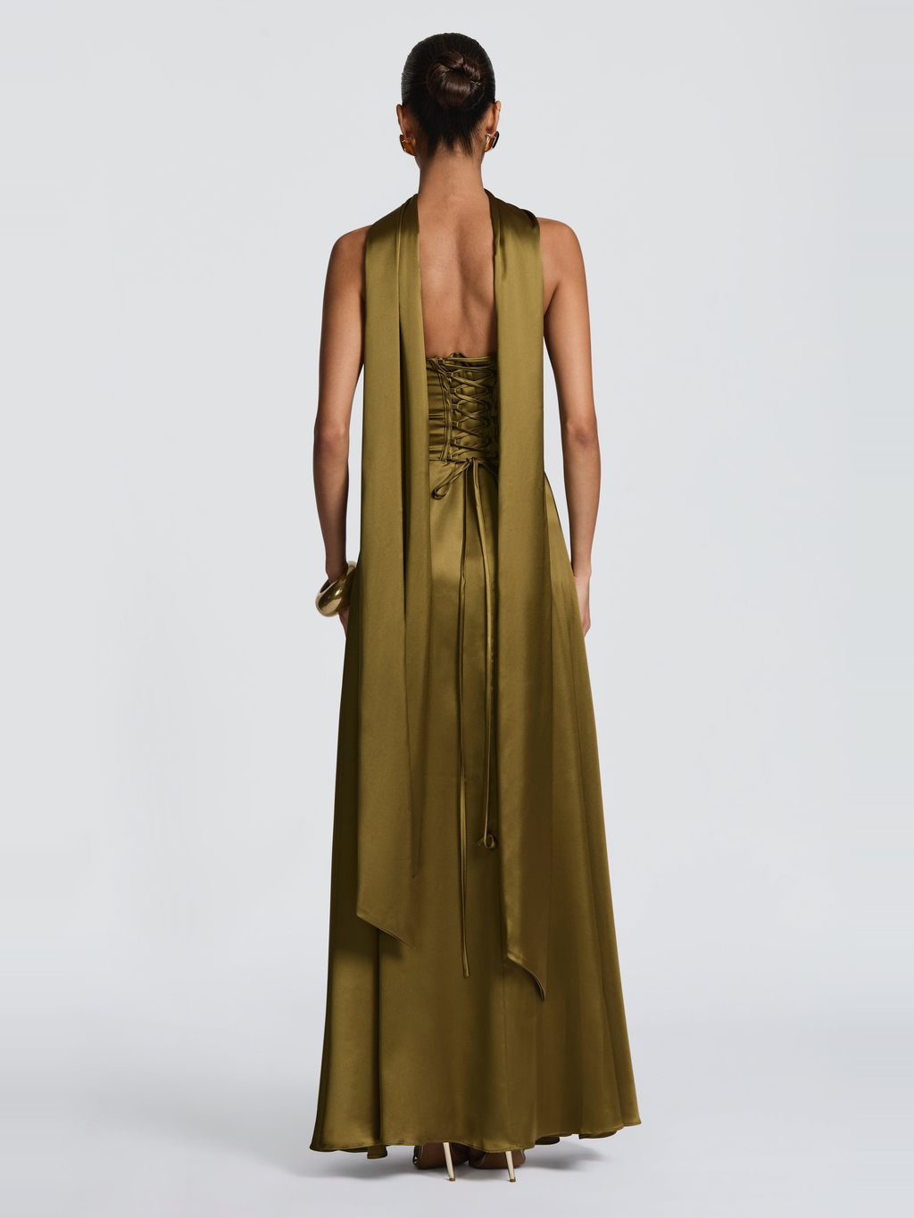 Morven Satin Maxi Dress in Olive — Svelte Chic