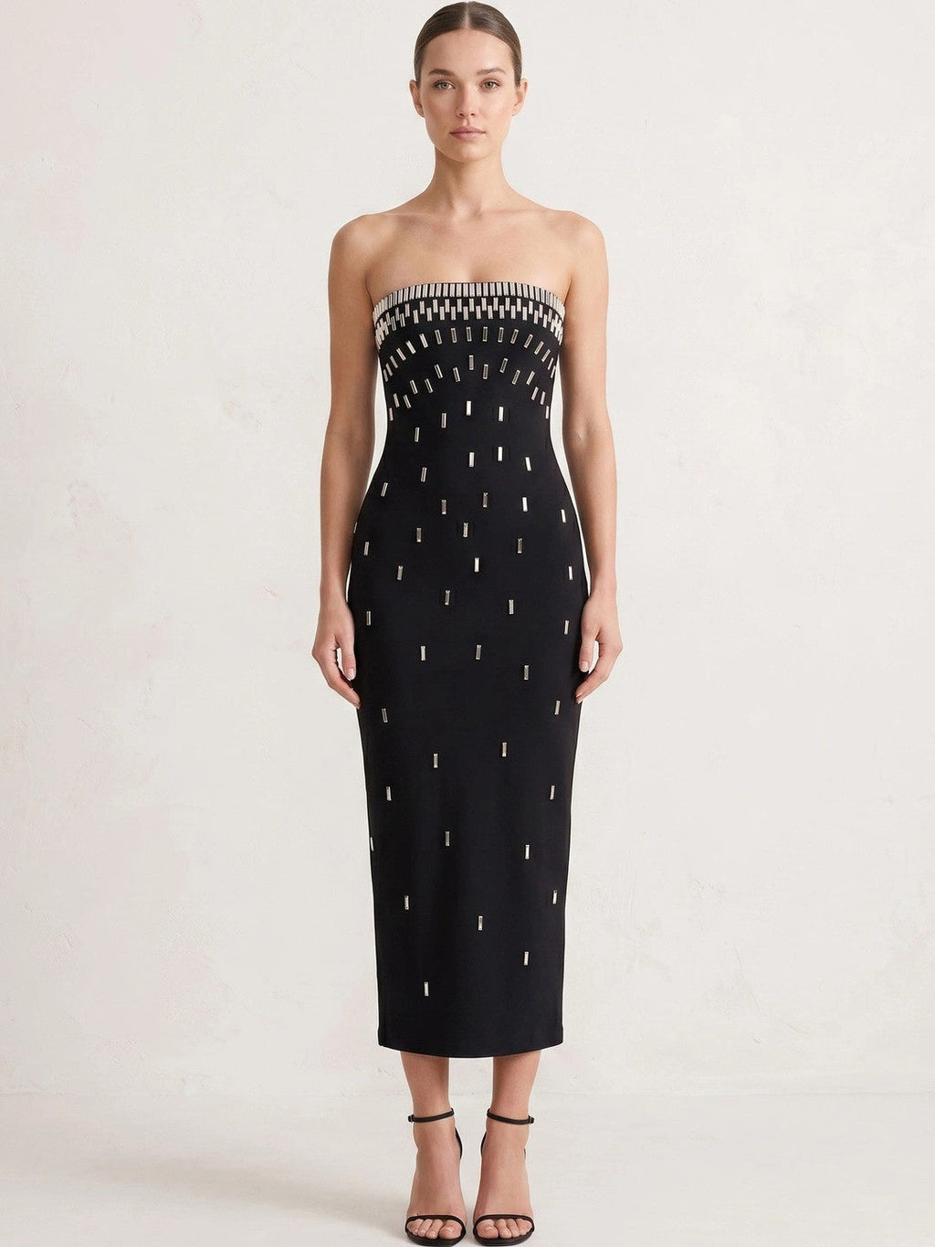 Princess Strapless Rhinestone Satin Maxi Dress in Black — Svelte Chic