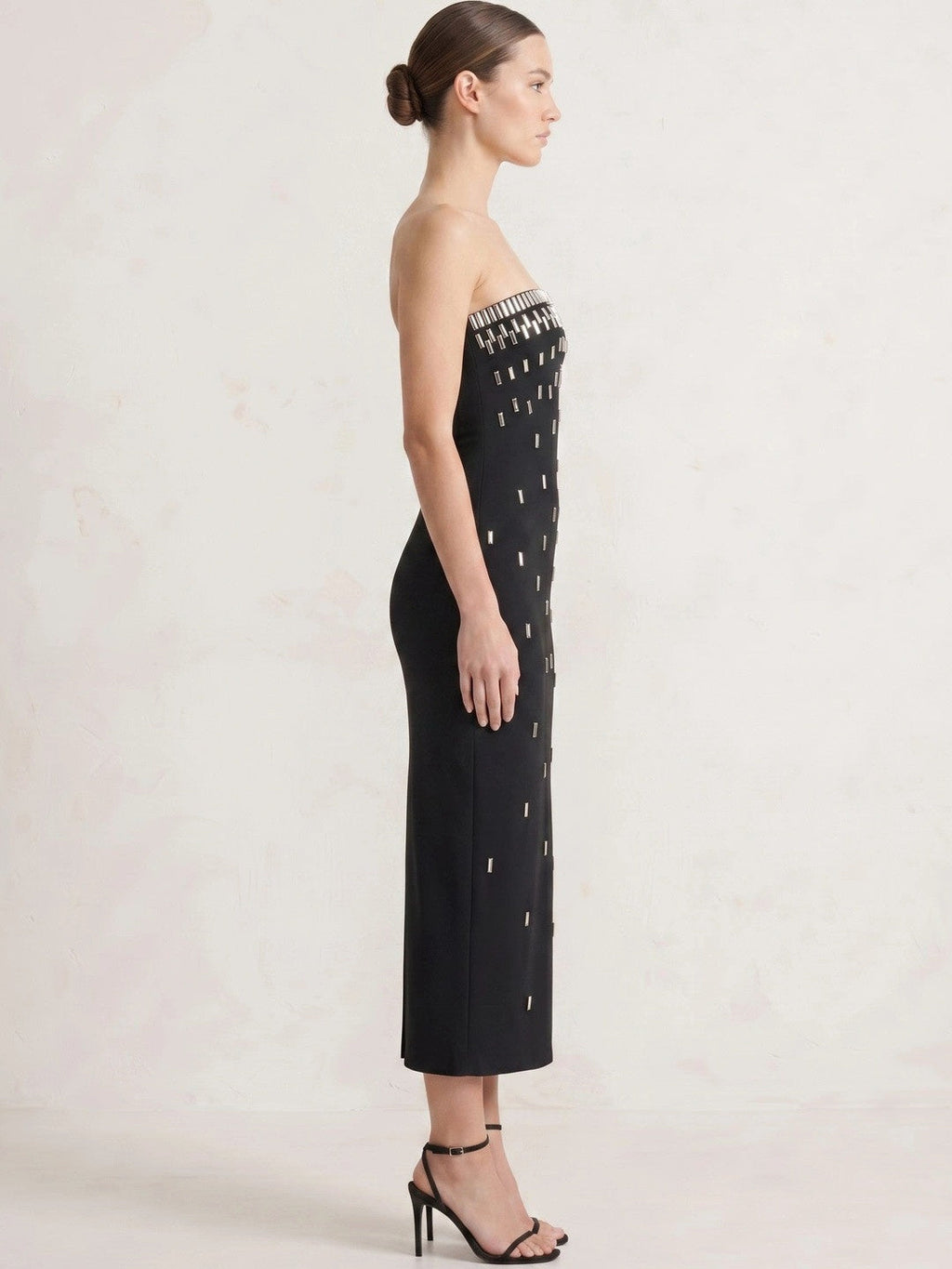 Princess Strapless Rhinestone Satin Maxi Dress in Black — Svelte Chic