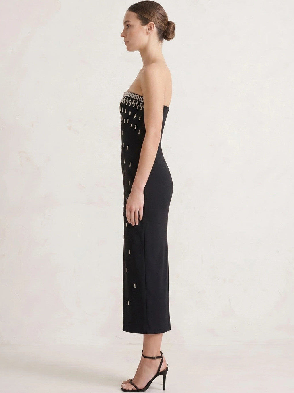 Princess Strapless Rhinestone Satin Maxi Dress in Black — Svelte Chic