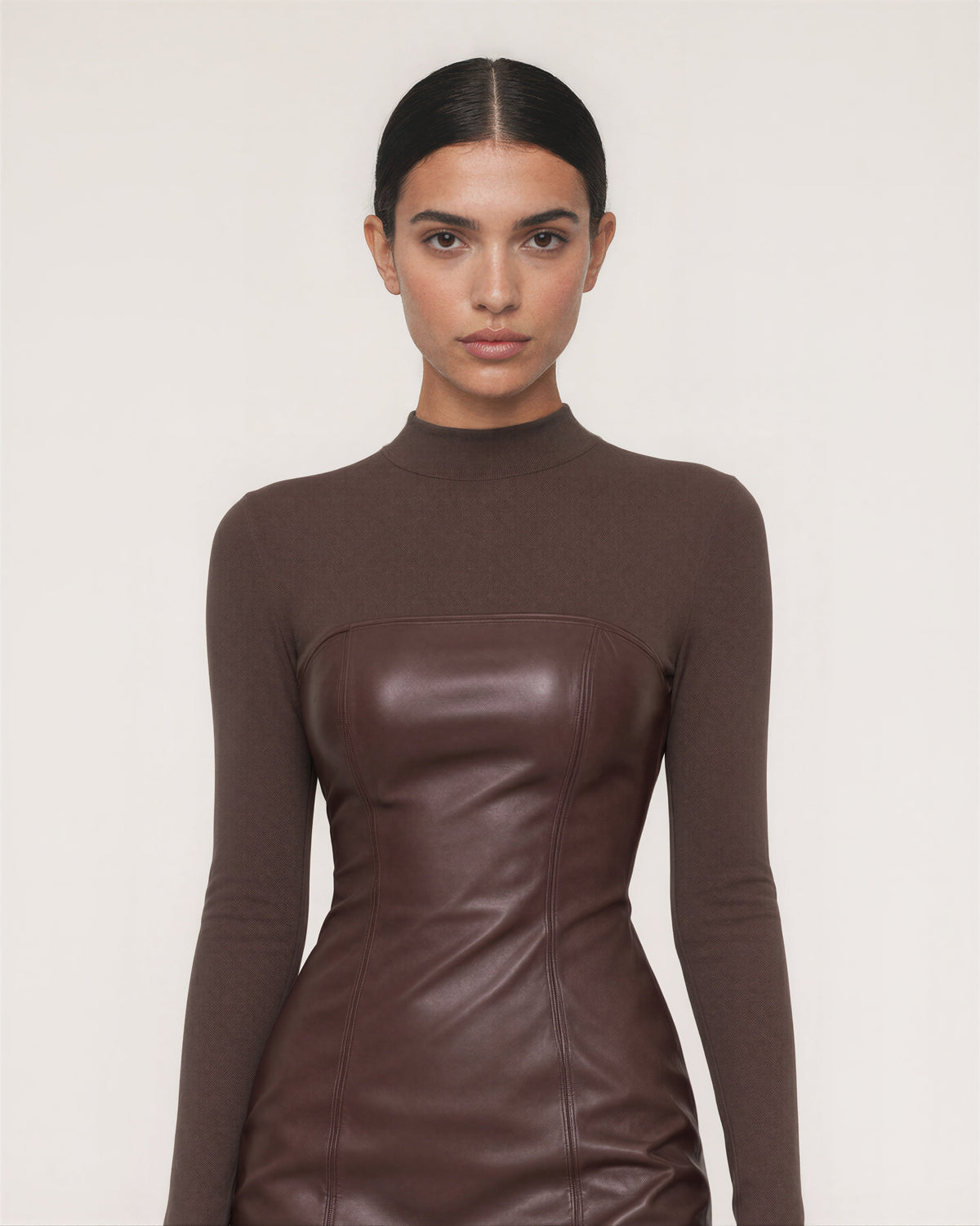 Nadia Faux Leather Strapless Look Mini Dress, brown, close up above the waist