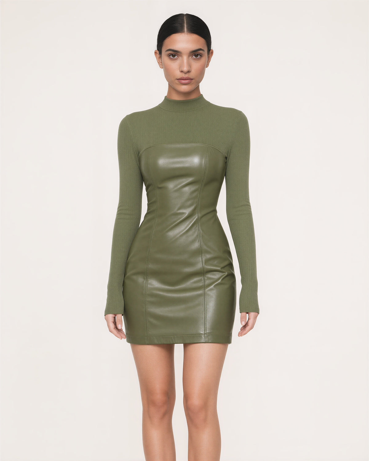 Nadia Faux Leather Strapless Look Mini Dress, khaki green color option