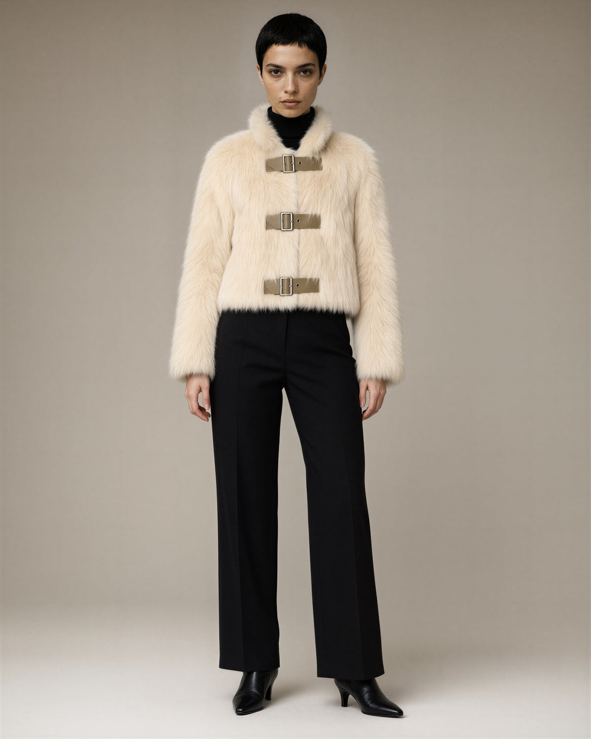 Nella Buckled Cropped Faux Fur Jacket, cream, full length front view