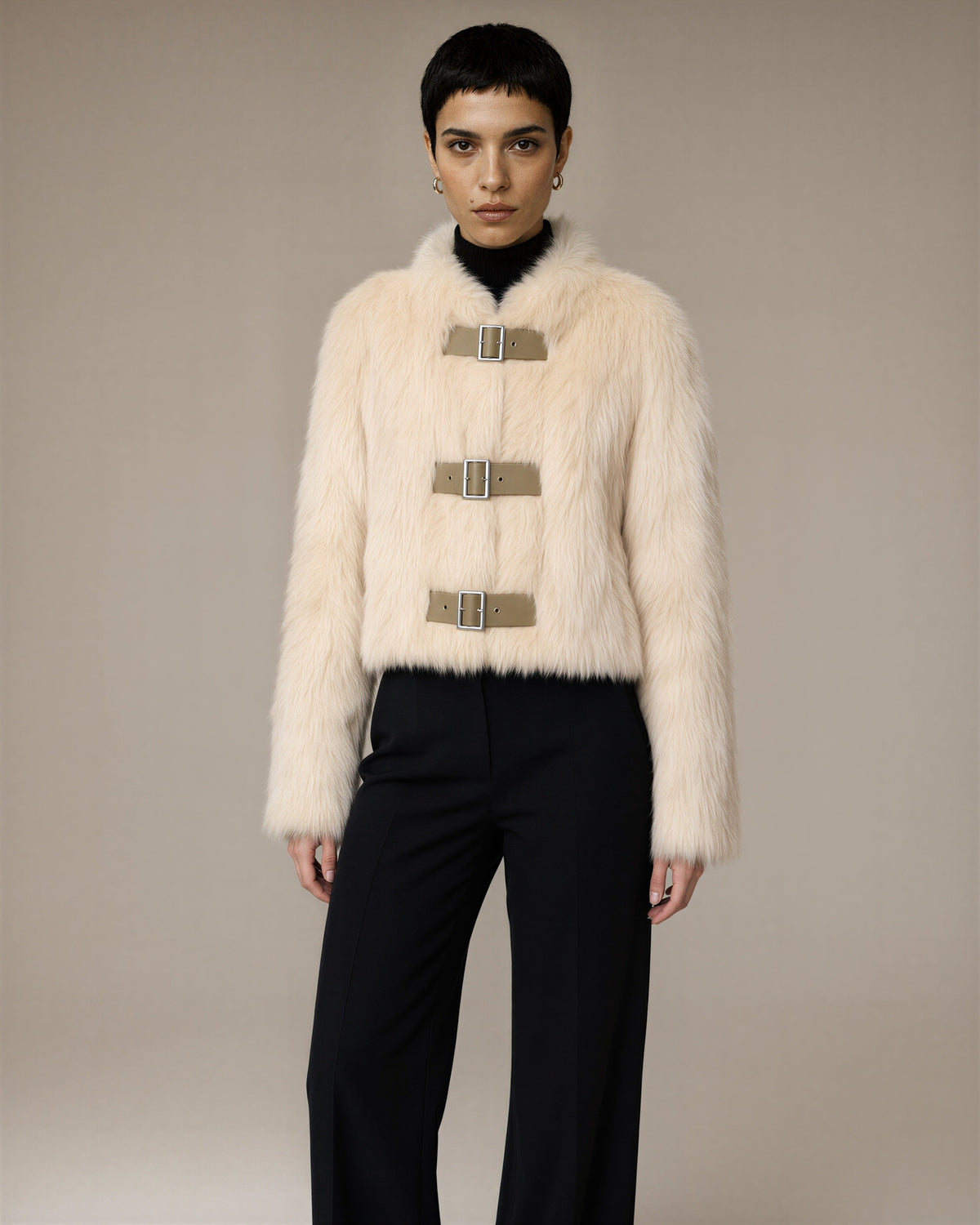 Nella Buckled Cropped Faux Fur Jacket, cream, three quarter view