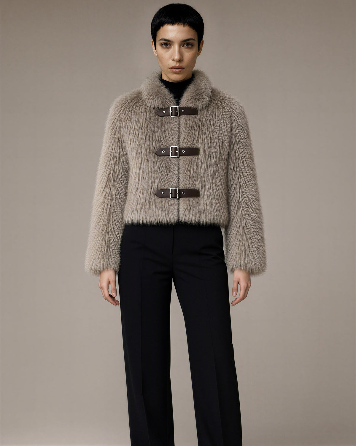 Nella Buckled Cropped Faux Fur Jacket, mink color option