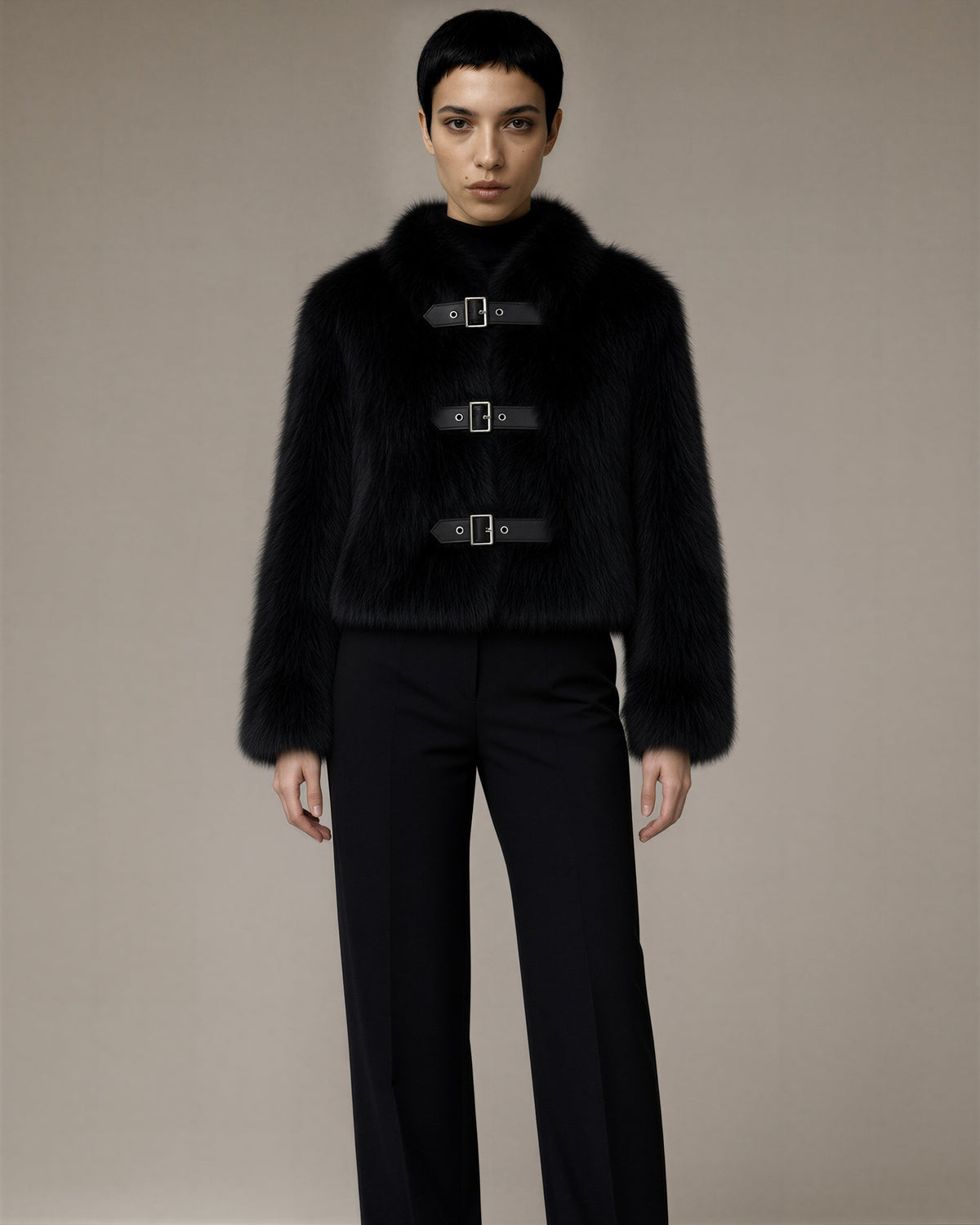 Nella Buckled Cropped Faux Fur Jacket, black color option