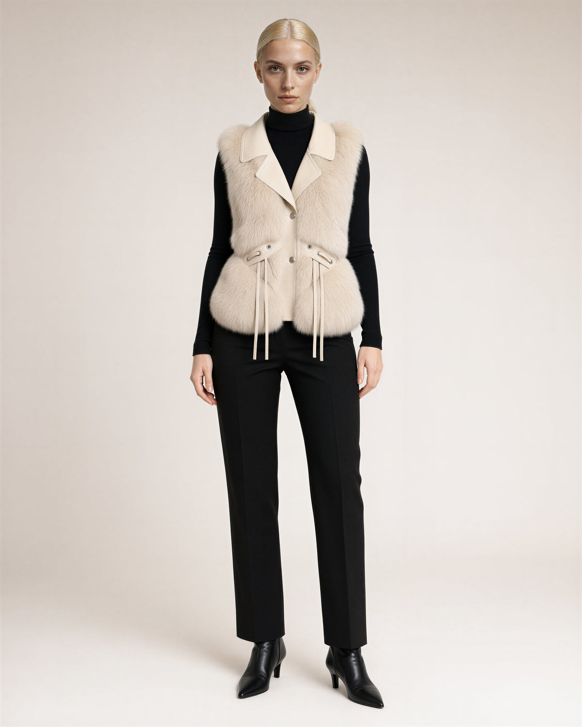 Nerea Leather Look Collar Faux Fur Vest, light beige, full length front view