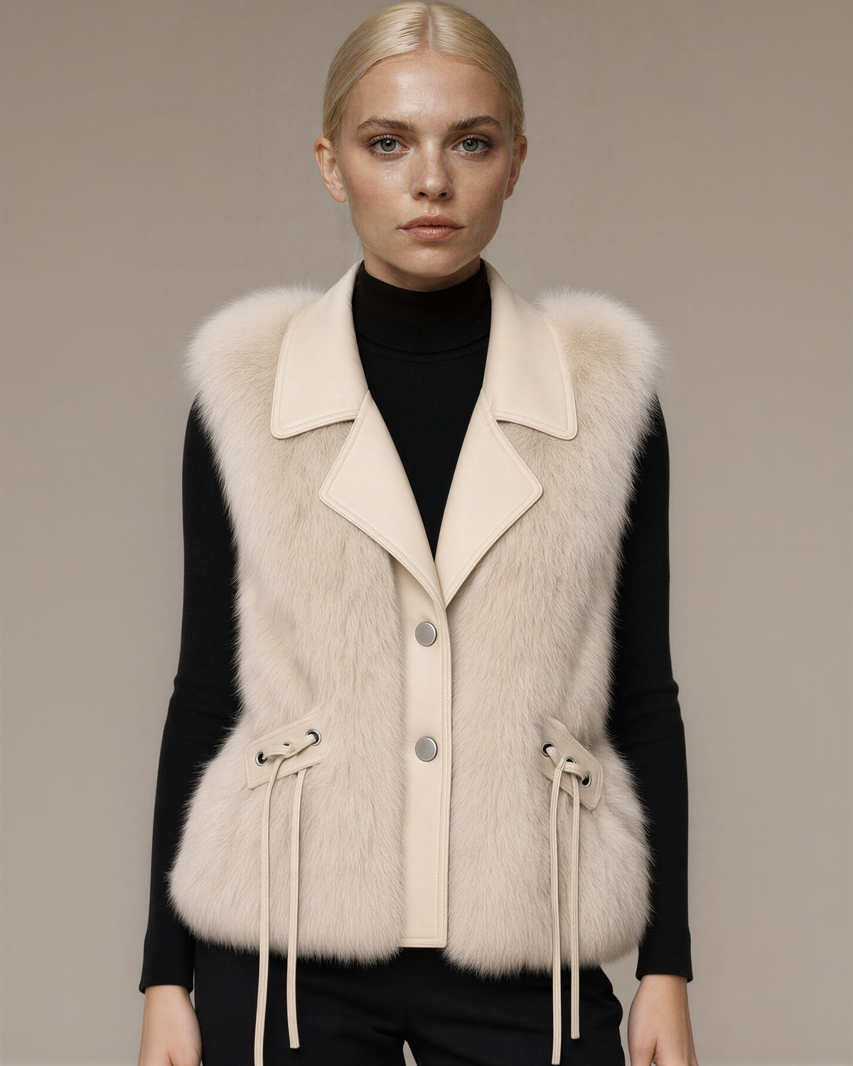 Nerea Leather Look Collar Faux Fur Vest, light beige, close up above the waist