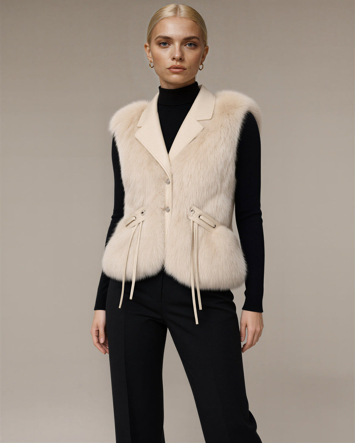 Nerea Leather Look Collar Faux Fur Vest, light beige, three quarter view