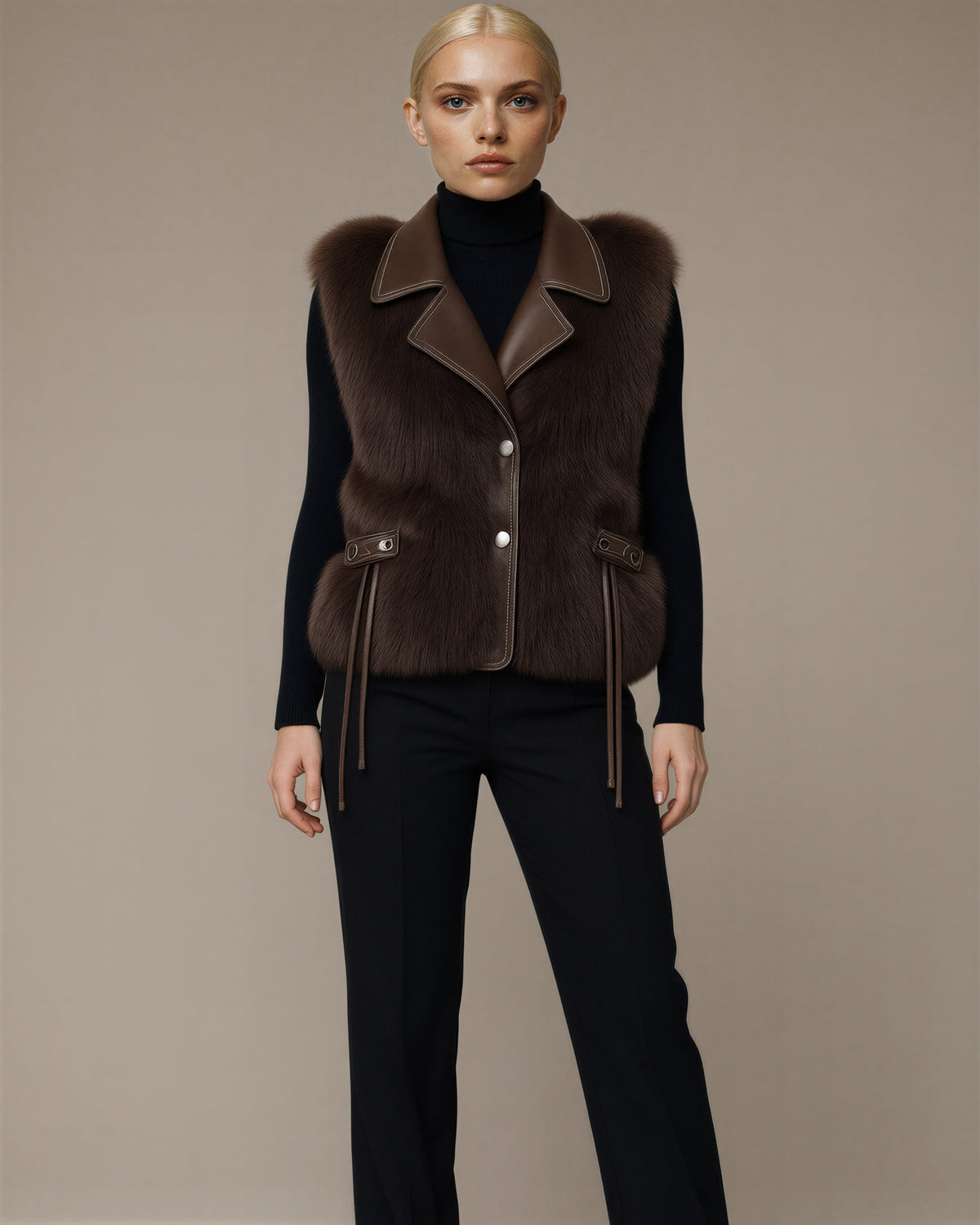 Nerea Leather Look Collar Faux Fur Vest, brown color option
