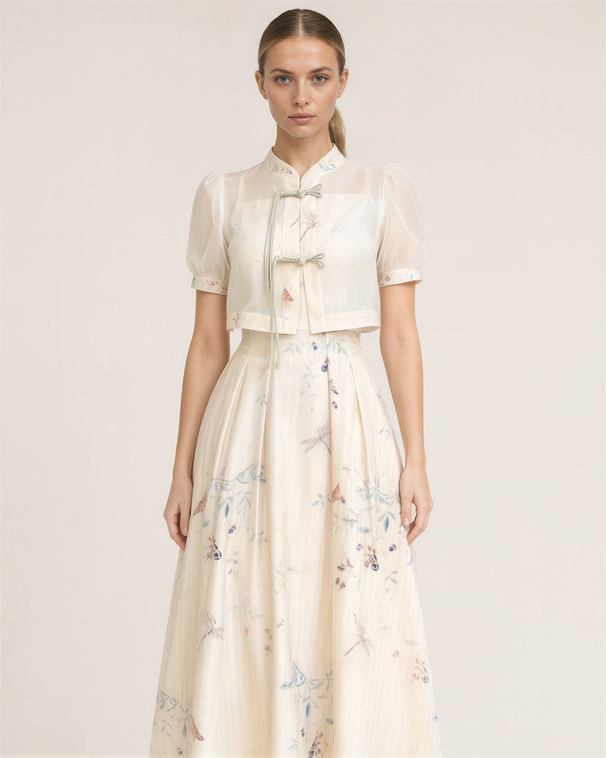 Neva Frog Button Blouse and Print Dress Set, cream, front view