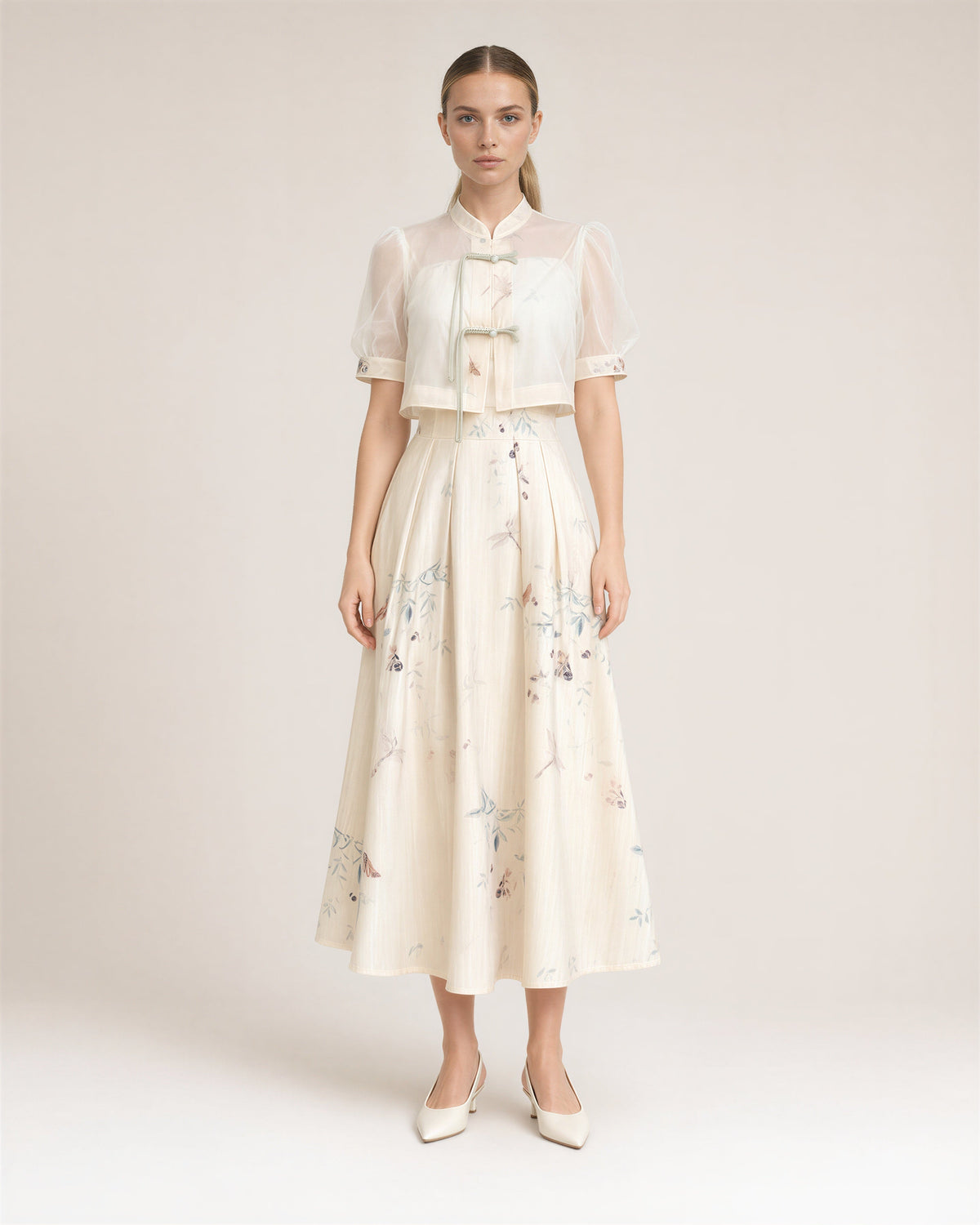 Neva Frog Button Blouse and Print Dress Set, cream, full length front view