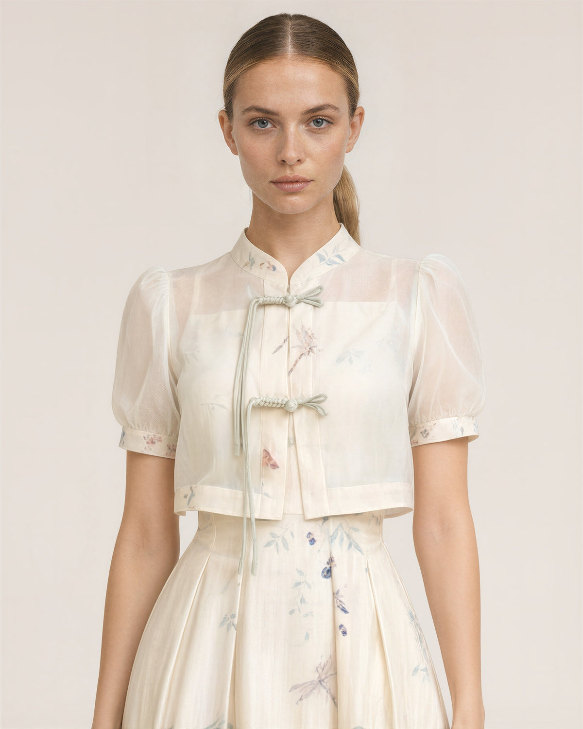 Neva Frog Button Blouse and Print Dress Set, cream, close up above the waist