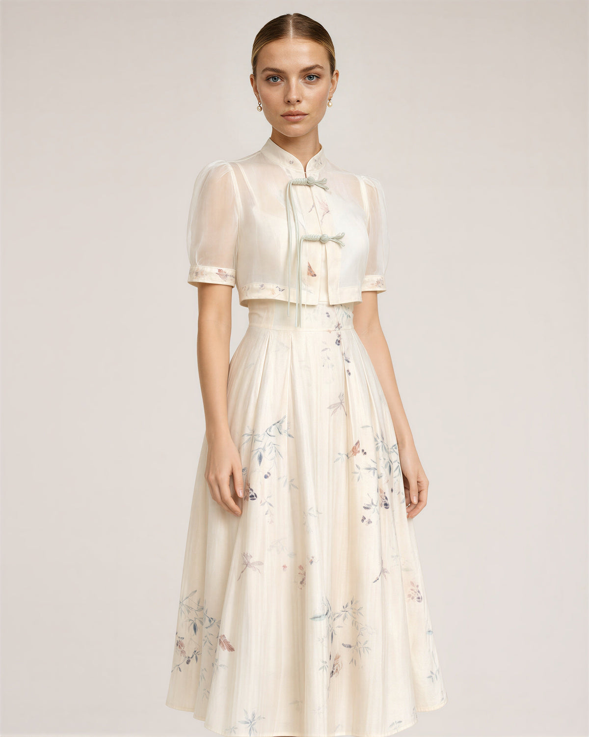 Neva Frog Button Blouse and Print Dress Set, cream, three quarter view