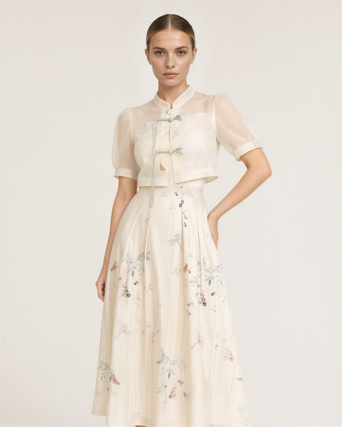 Neva Frog Button Blouse and Print Dress Set, cream, front, hands on the waist
