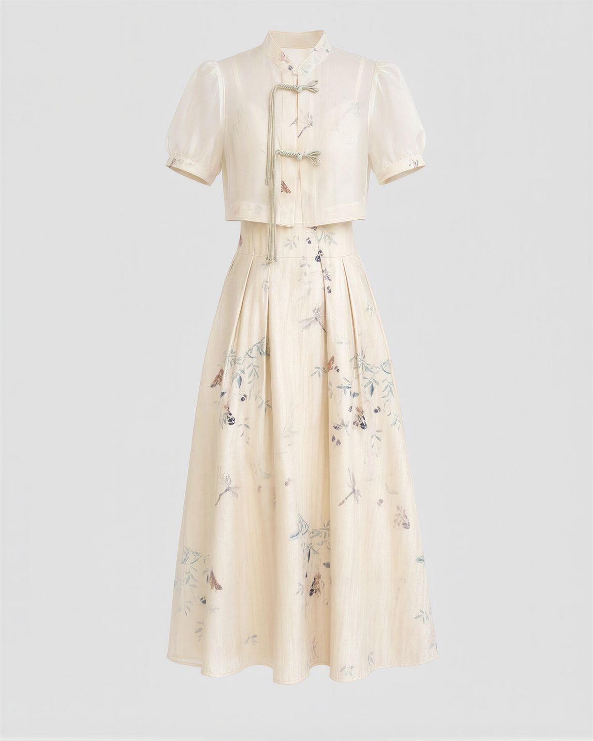 Neva Frog Button Blouse and Print Dress Set, cream, product view without a model