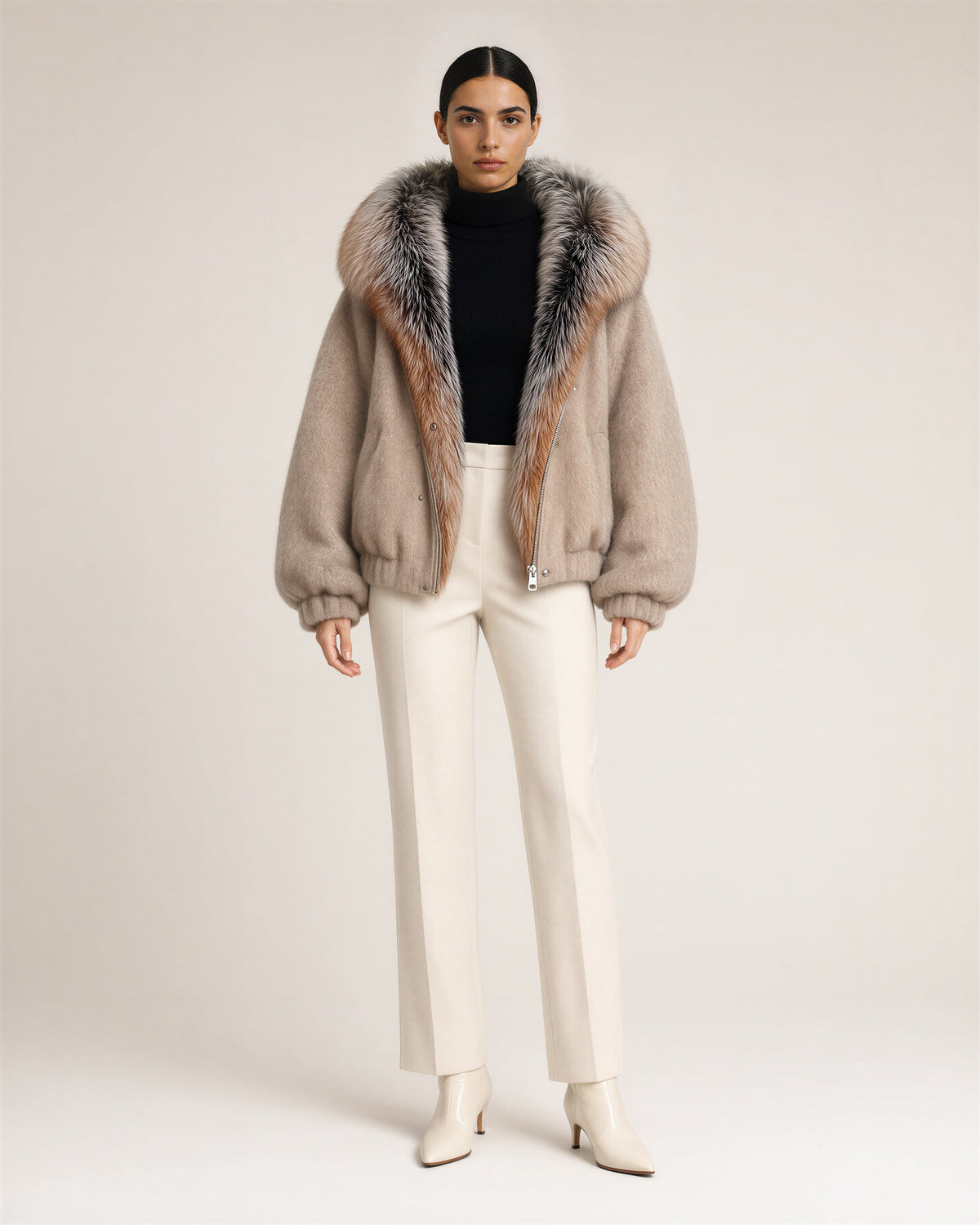 Ninetta Rabbit Fur Hood Melton Padded Jacket, Mink, mink, full length front view