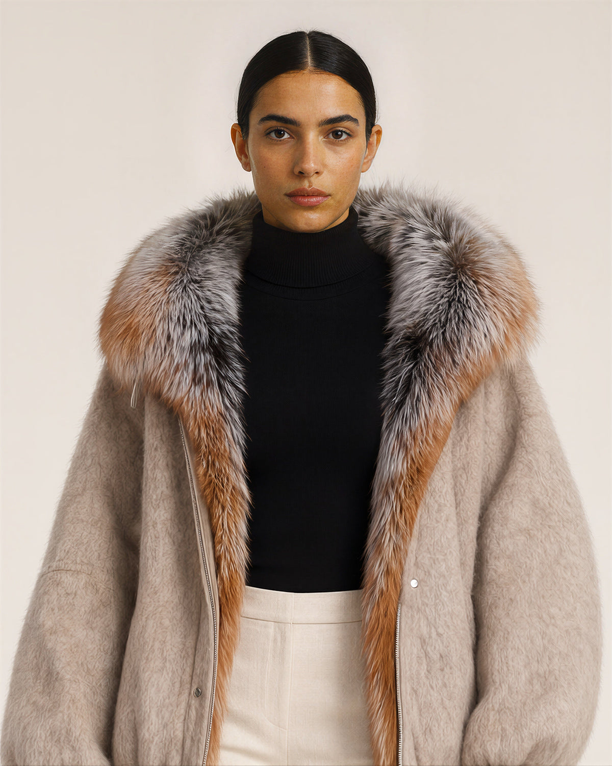 Ninetta Rabbit Fur Hood Melton Padded Jacket, Mink, mink, close up above the waist