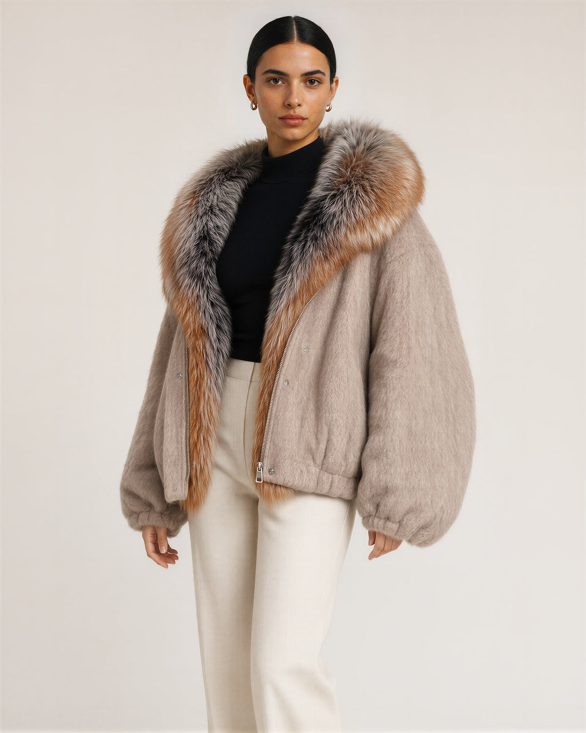 Ninetta Rabbit Fur Hood Melton Padded Jacket, Mink, mink, three quarter view