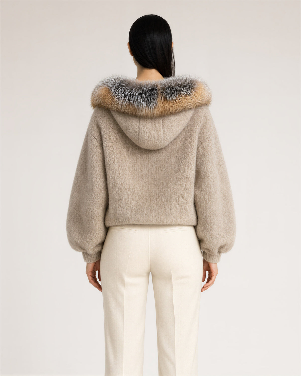 Ninetta Rabbit Fur Hood Melton Padded Jacket, Mink, mink, back view
