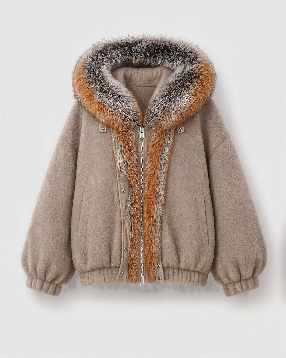 Ninetta Rabbit Fur Hood Melton Padded Jacket, Mink, mink, product view without a model