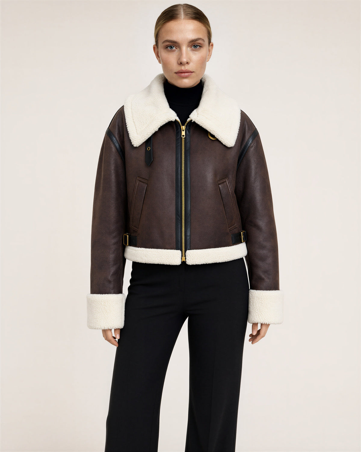 Nora Plush Collar Faux Suede Bomber Jacket, dark brown, front view