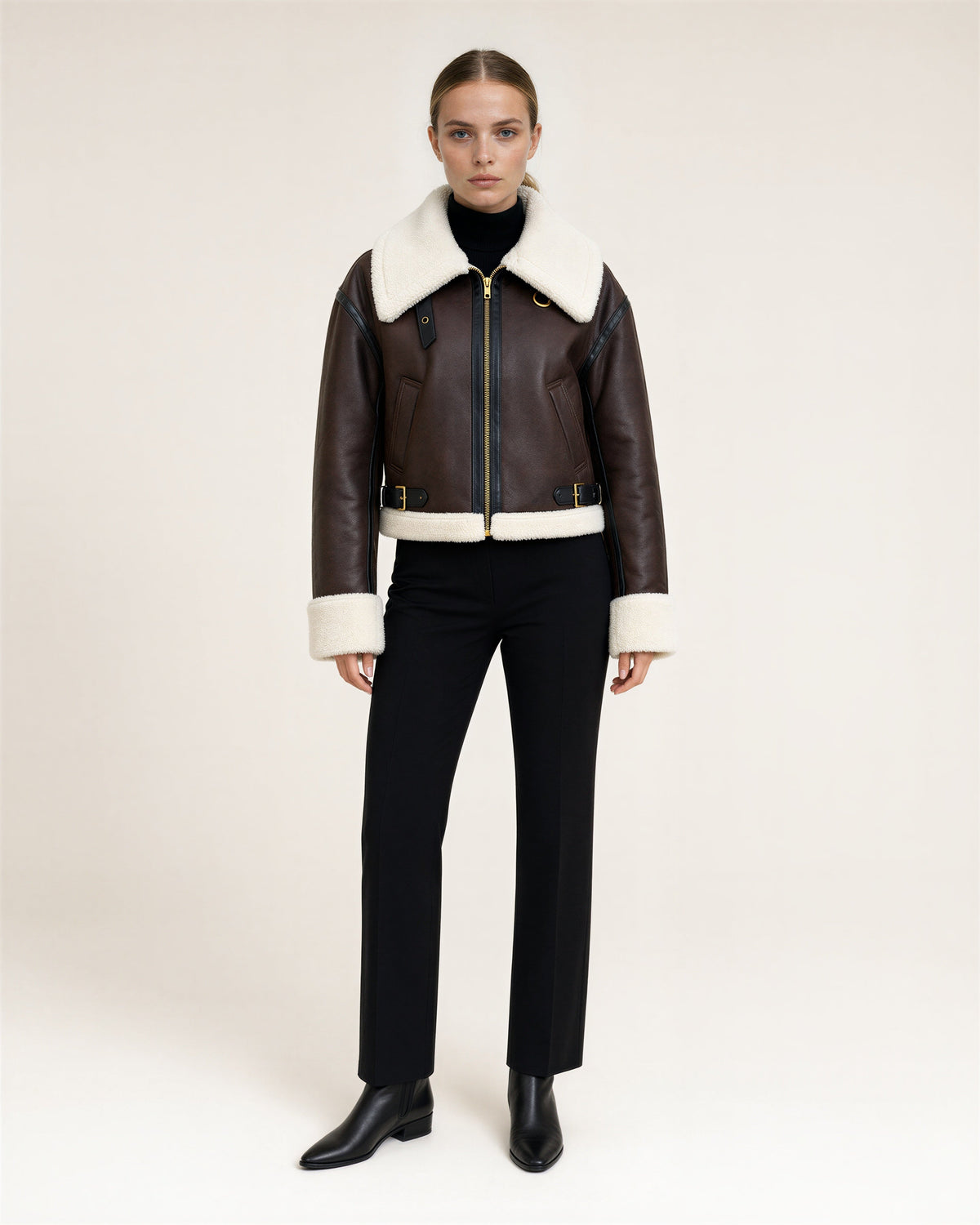 Nora Plush Collar Faux Suede Bomber Jacket, dark brown, full length front view