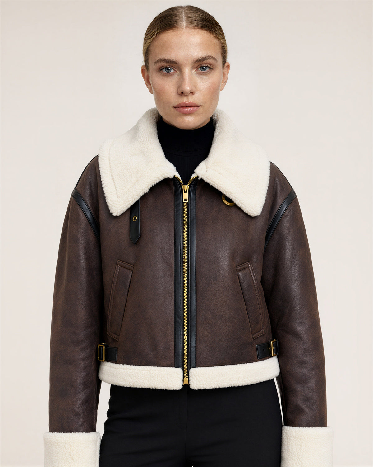 Nora Plush Collar Faux Suede Bomber Jacket, dark brown, close up above the waist