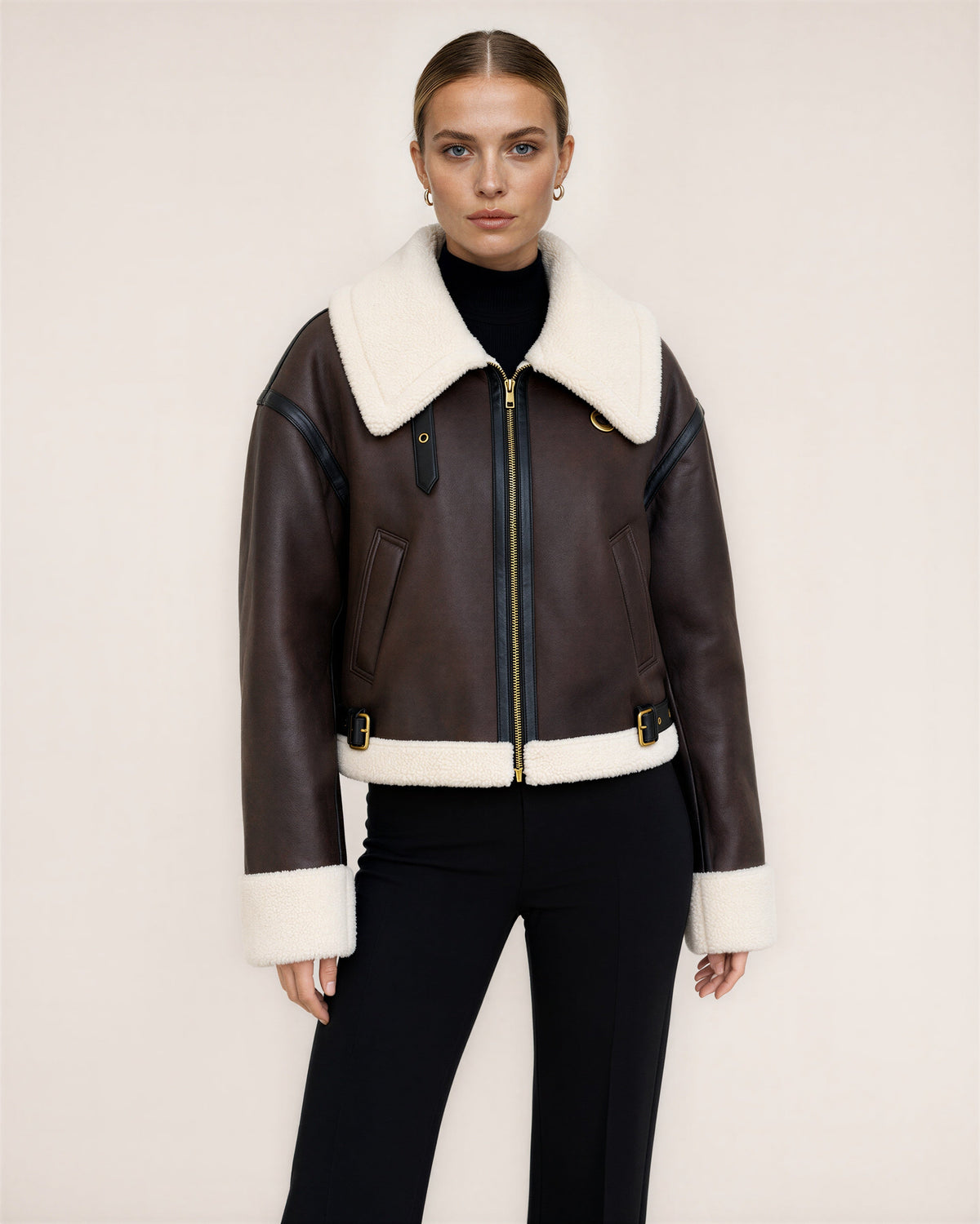 Nora Plush Collar Faux Suede Bomber Jacket, dark brown, three quarter view