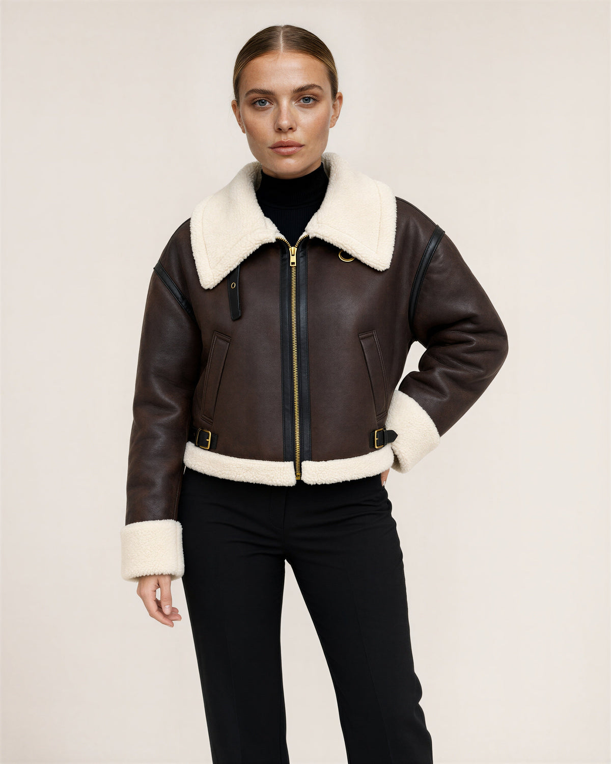 Nora Plush Collar Faux Suede Bomber Jacket, dark brown, front, hands on the waist