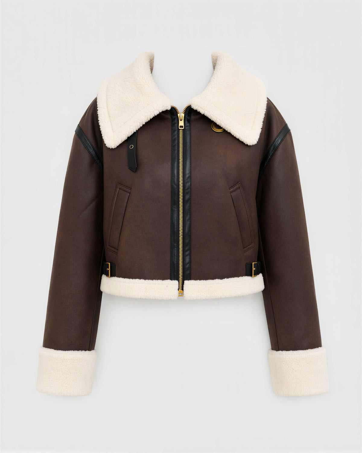 Nora Plush Collar Faux Suede Bomber Jacket, dark brown, product view without a model