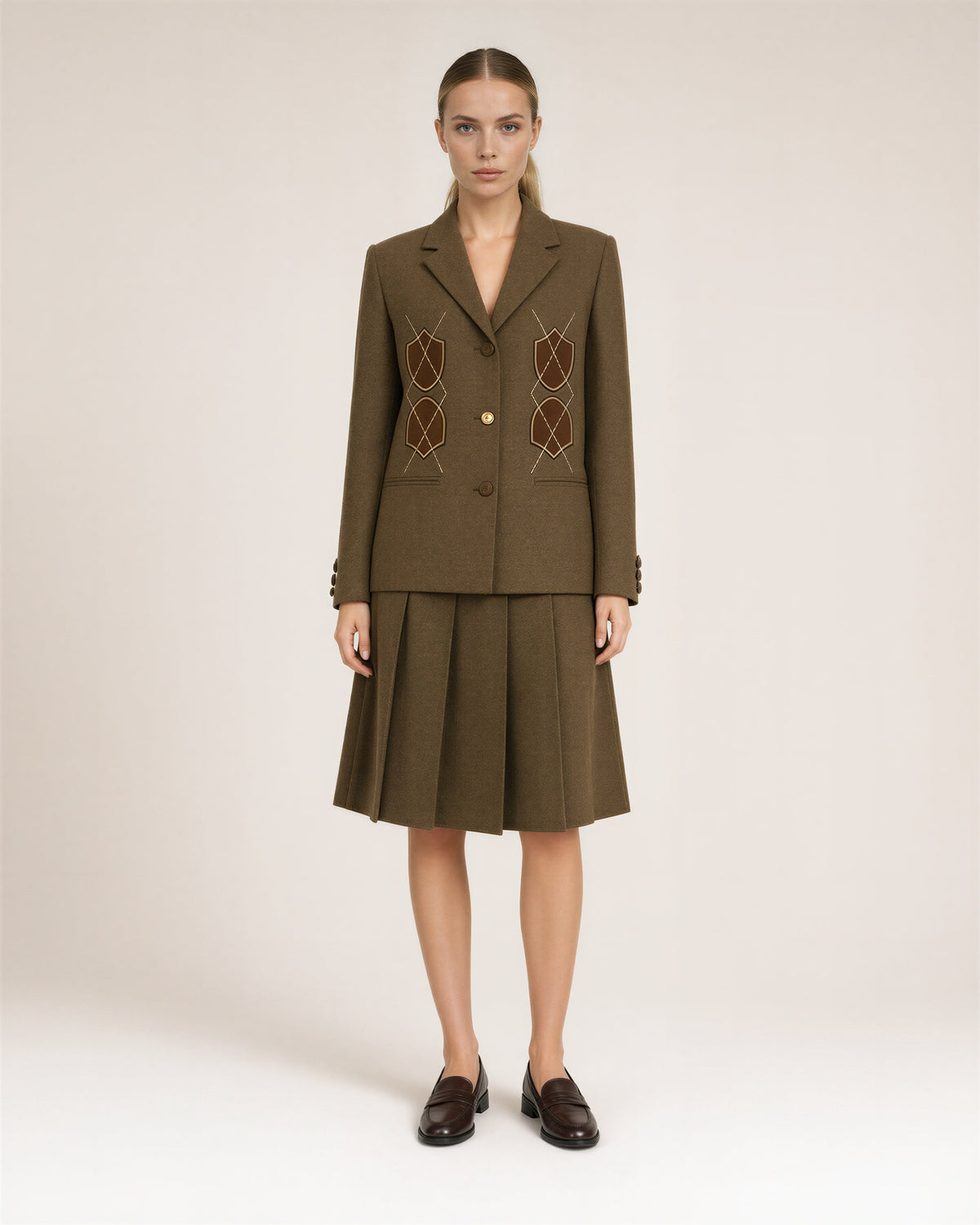 Norma Melton Blazer and Pleated Skirt Set, Khaki Brown, khaki brown, full length front view