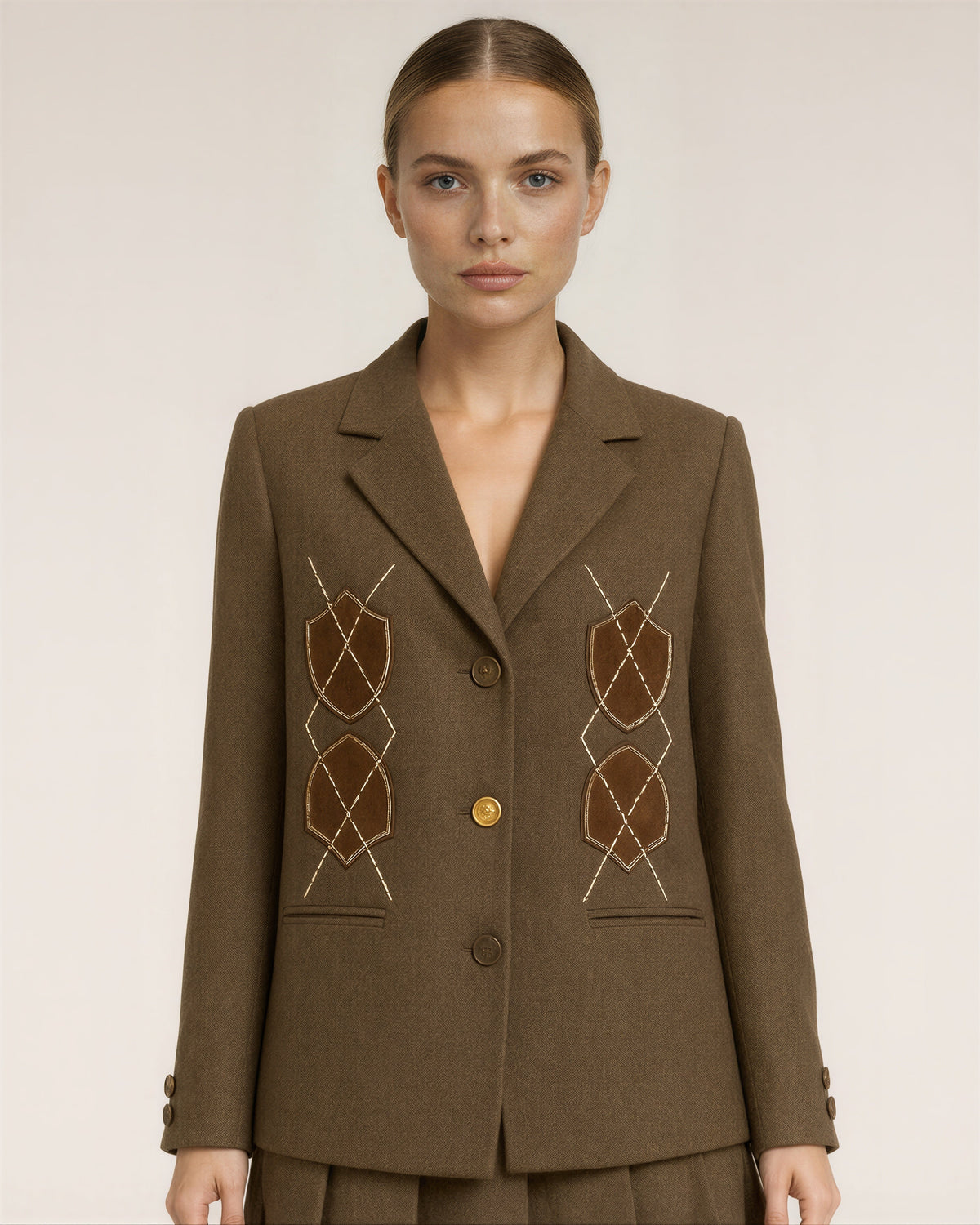 Norma Melton Blazer and Pleated Skirt Set, Khaki Brown, khaki brown, close up above the waist