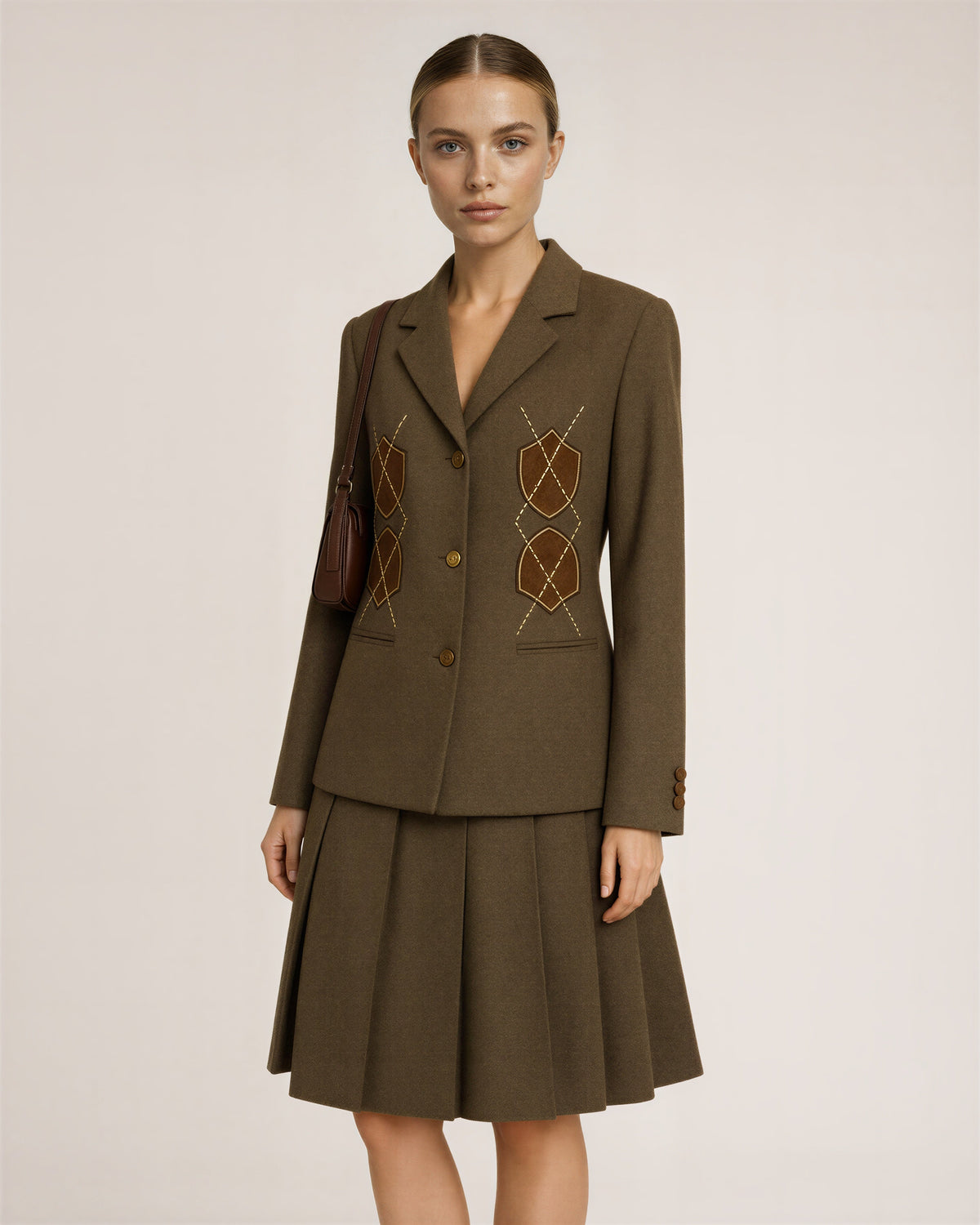 Norma Melton Blazer and Pleated Skirt Set, Khaki Brown, khaki brown, three quarter view